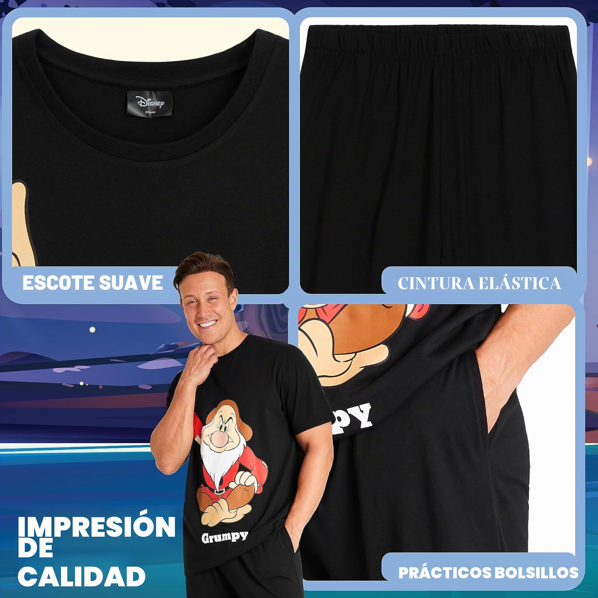 Disney Pijama Hombre Divertido Conjunto Pijama 2 Piezas Tallas M-3XL Pato Donald Enano Gruñon Jack Skellington