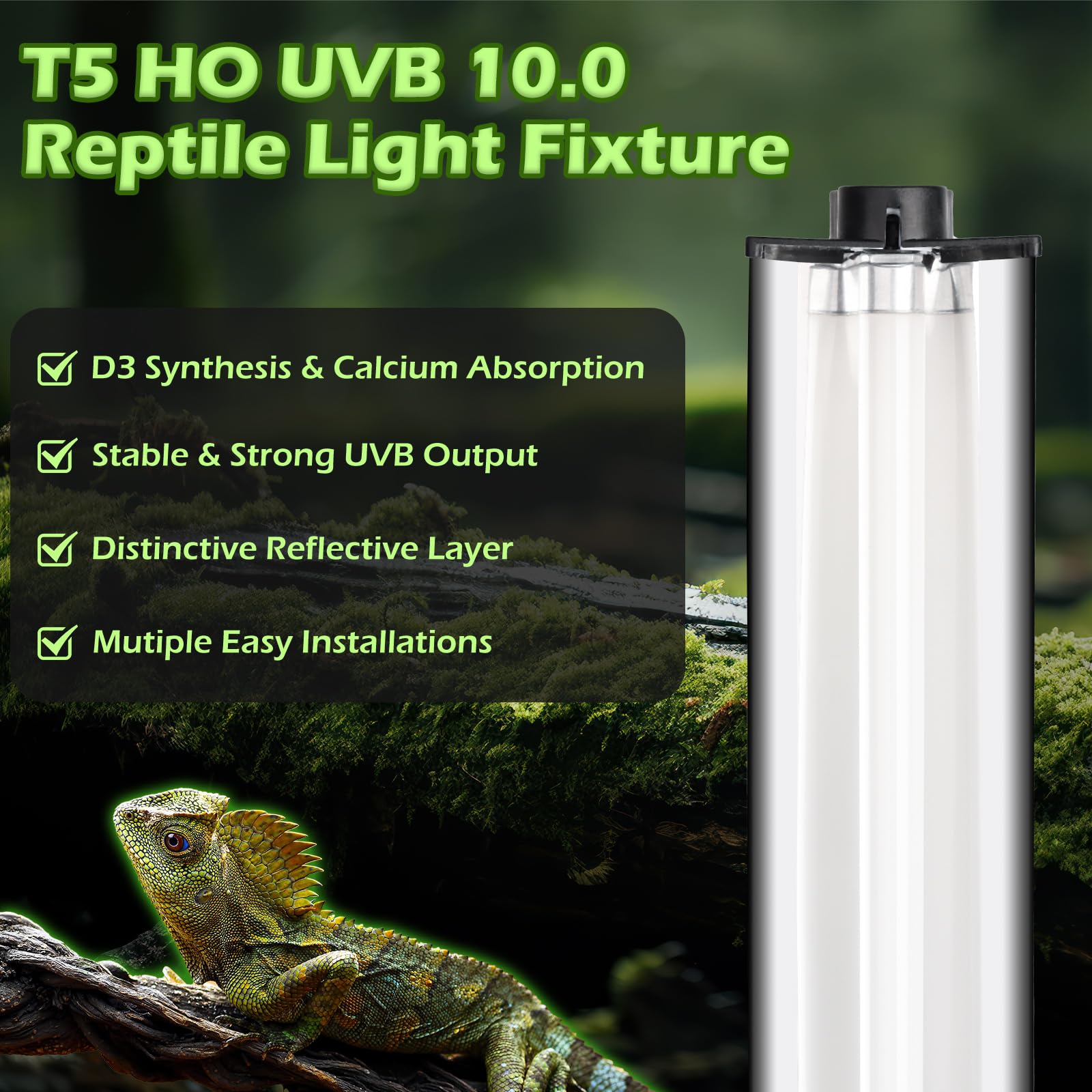 T5 UVB Reptile Light Fixture, UVA Light for Reptiles Bearded Dragon, 10.0 Bulb Therapy Terrarium Lamp Kit for Lizard Chameleon Gecko Turtle 8W - image 2