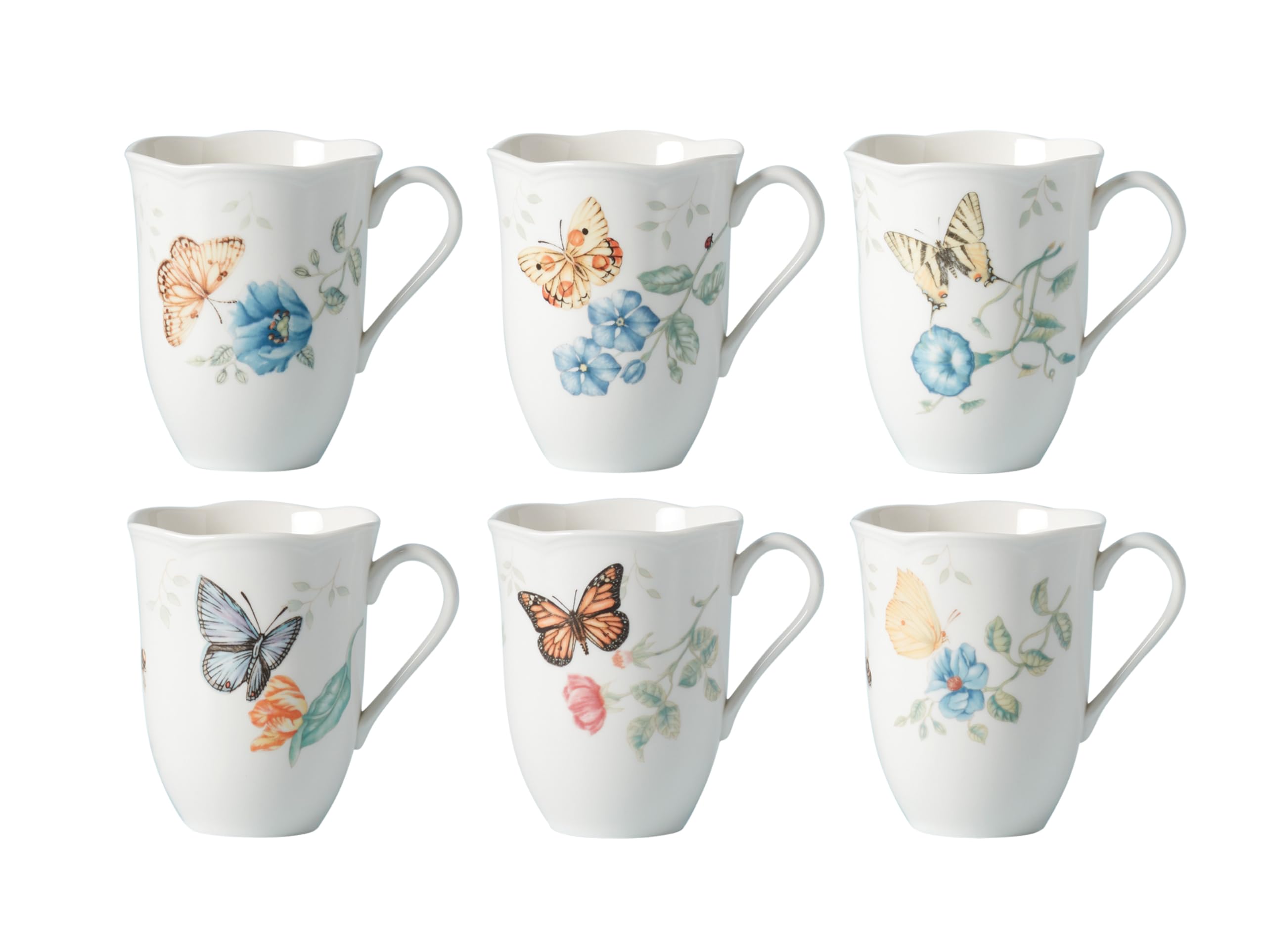 892798 Butterfly Meadow 6-Piece Mug Set, Porcelain, White