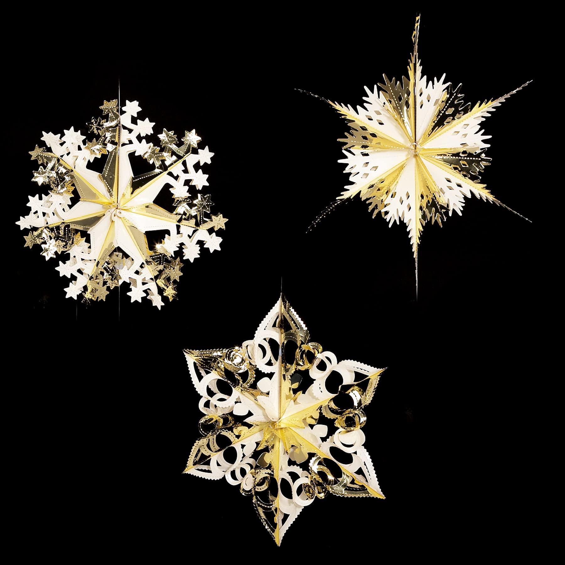 Widdle Gifts SET of 3 Christmas Foil Ceiling Decoration Hanging 40cm - Gold/Ivory 2311