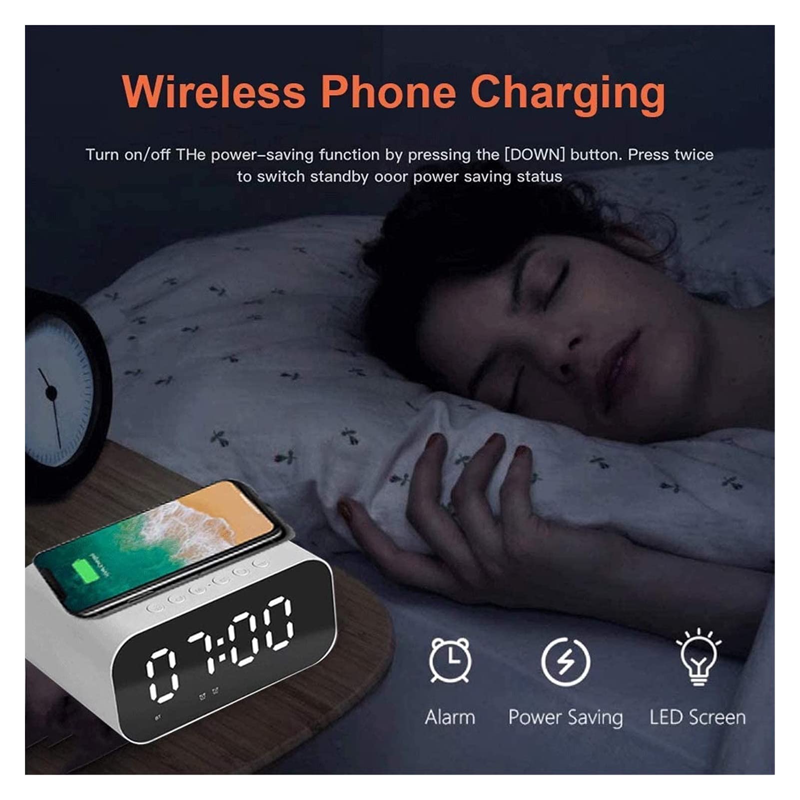 Reloj de alarma digital de carga inalámbrica, espejo DIRIGIÓ Exhibir con USB Puerto, altavoz FM Radio de reloj, Dual alarma, Llamada de manos libres para dormitorio en la cama del hotel (blanco)