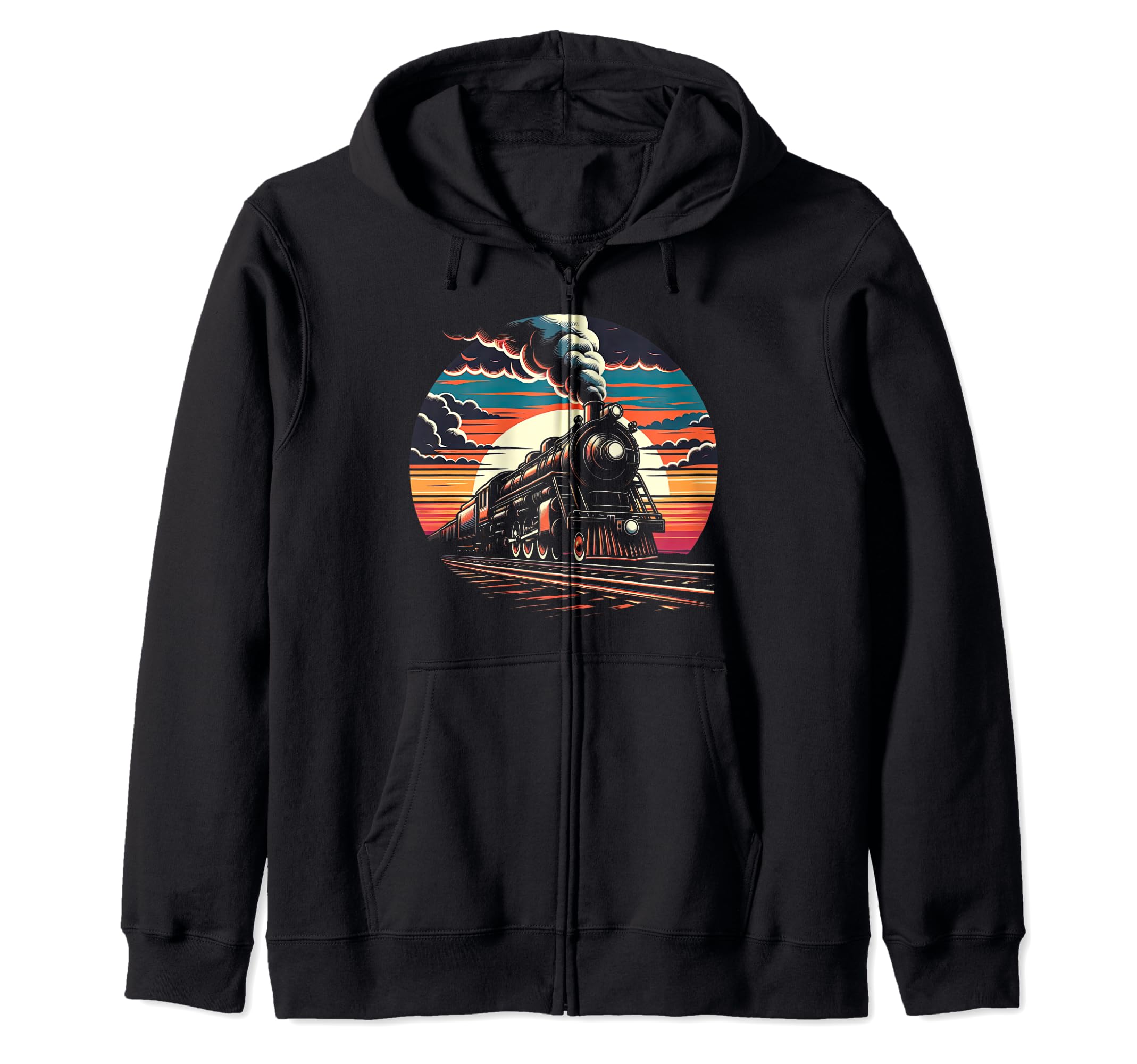 Vintage Steam Engine Train Locomotive Cool Sunset Railroad Zip Hoodie