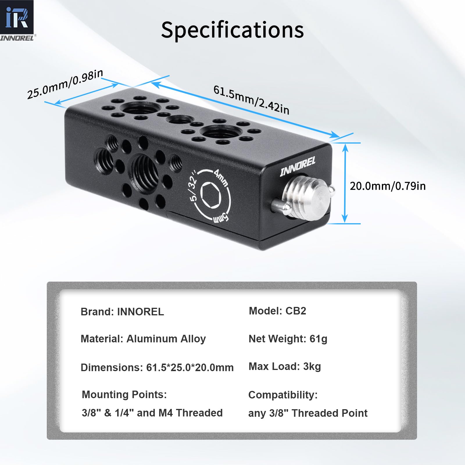INNOREL CB2 Poignée Multifonction en Alliage d'aluminium CNC,avec Trous de Fixation Arri de 3/8" et 1/4" pour Cadres de Cage de caméra, Plates-Formes vidéo DIY, Tout Point fileté de 3/8"