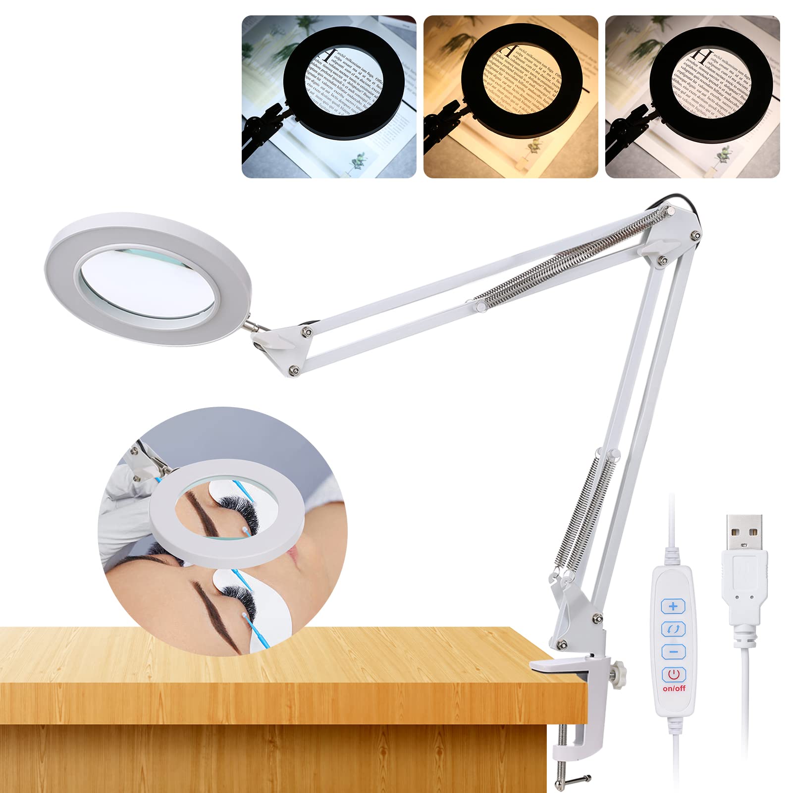 Andoer 8X Lupenlampe, Lupenleuchte, Lupe Schreibtischlampe mit Klemme, Leselupen, Dimmbar 3 Farben Temperaturwechsel Schreibtischlampe, mit faltbarem flexiblem Halter, Drehbarer Beleuchtungswinkel