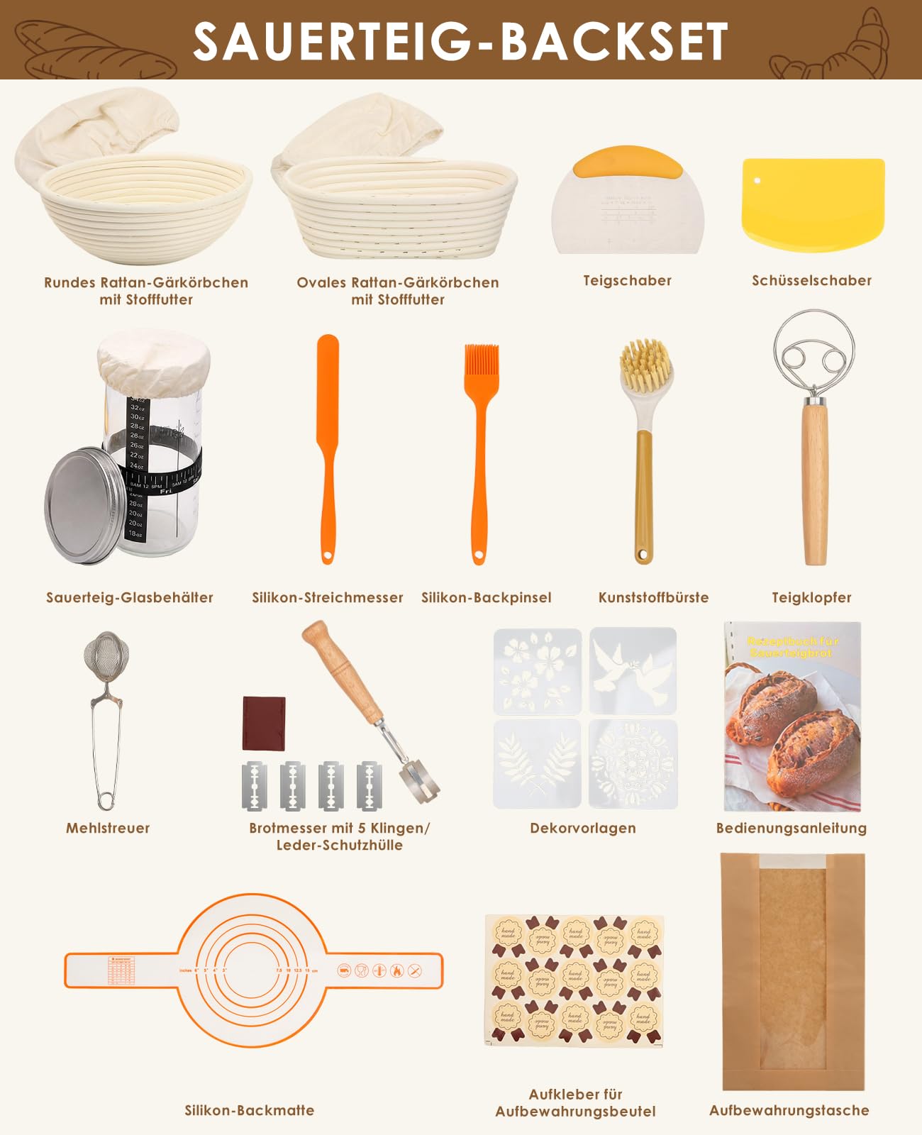 Sauerteig Starter Set, Gärkörbchen Rund und Oval zum Brot backen