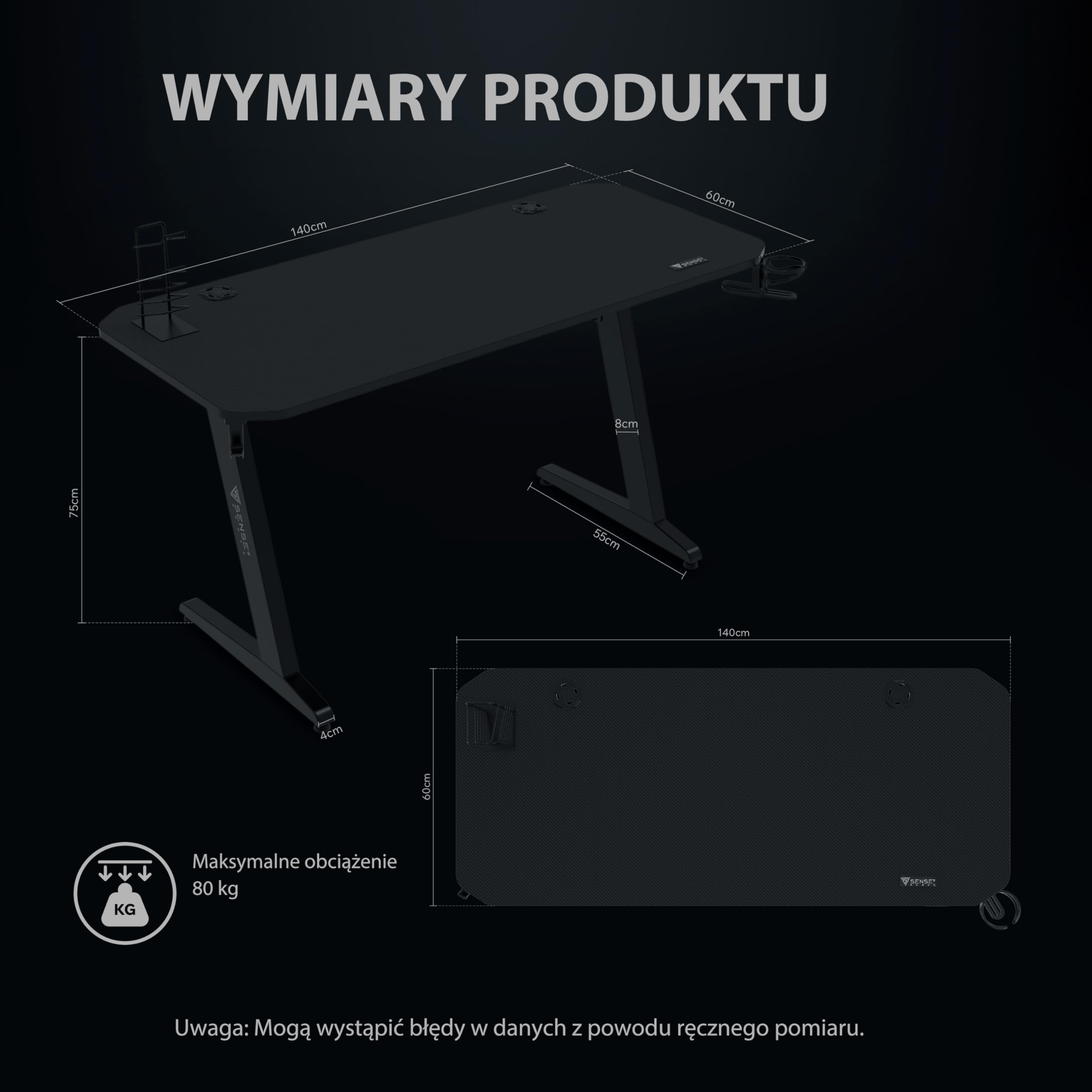 SENSE7 Biurko Gamingowe 140 x 60 cm z Uchwytem na Słuchawki, Kubek i Kontroler, Blat z Powłoką Carbon, Czarne Biurko dla Graczy, Udźwig do 80kg (Nomad Basic)