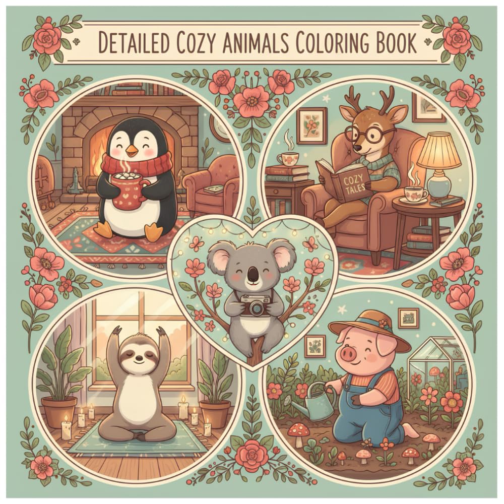 Detailed cozy animals coloring book: 40 Detailed Illustrations of Adorable Animals in Relaxing Cozy Scenes | Perfect for Stress Relief, Relaxation and Creative Expression