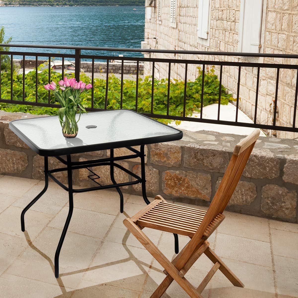 RELAX4LIFE Mesa Auxiliar de Vidrio Templado y Marco de Metal con Agujero para Sombrilla Ø33mm, Mesa Exterior para Jardín, Balcón, Terraza y Bistro, Carga 80 kg, 81x81x71cm (Cuadrado)