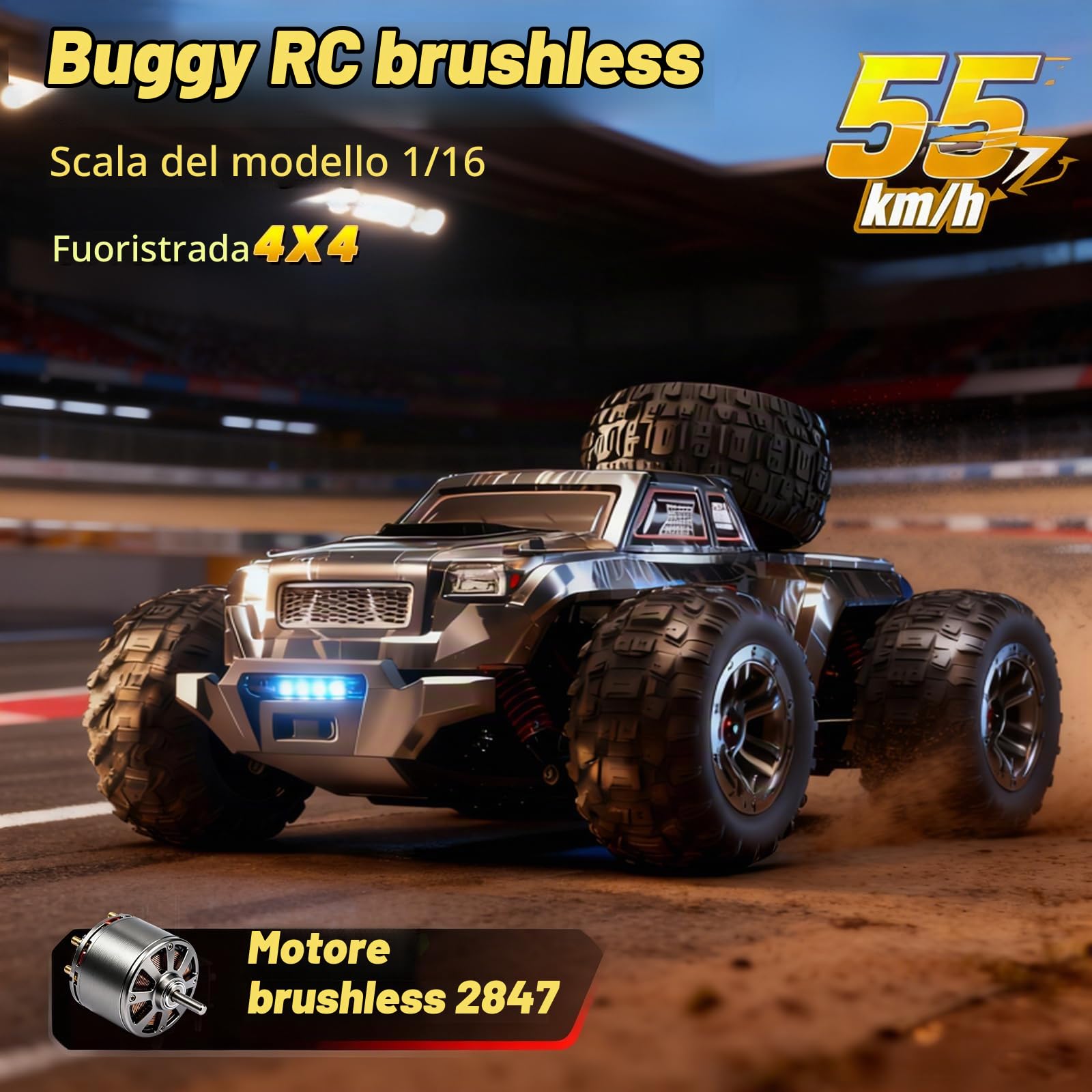 Auto radiocomandata senza spazzole, 1/16 RC, 55 km/h, camion telecomandato, 4 WD All Terrains fuoristrada, camion radiocomandato, 2,4 GHz, crawler RC con 2 batterie