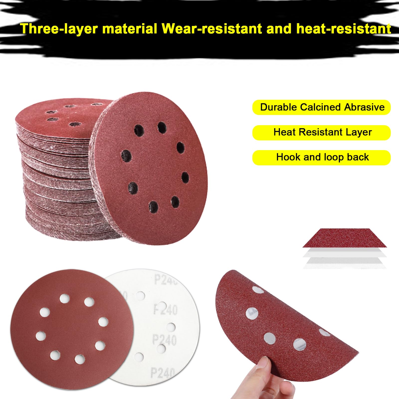 90 sztuk papieru ściernego, mocowane na rzep 40/60/80/120/180/240, krążki szlifierskie, 125 mm, rzep, 8 otworów, okrągłe, krążki szlifierskie, papier ścierny, do szlifierek mimośrodowych, drewna