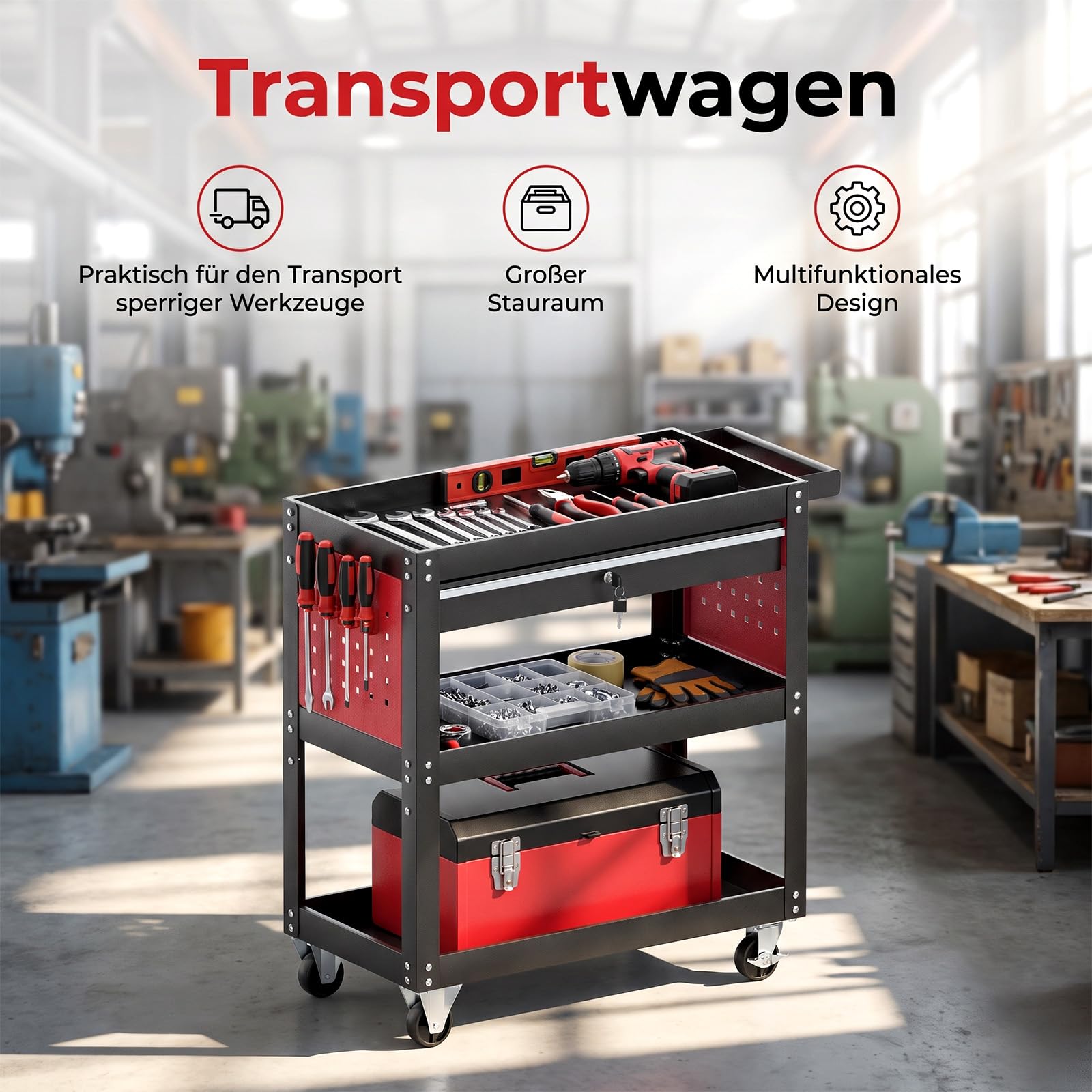 Werkstattwagen 3 Etagen mit Schublade, Werkzeugwagen 70 x 35 x 76 cm, Werkstatt-Rollwagen 200 kg Tragkraft,3 Zoll Rollen für Werkstatt, Garage & Hobby
