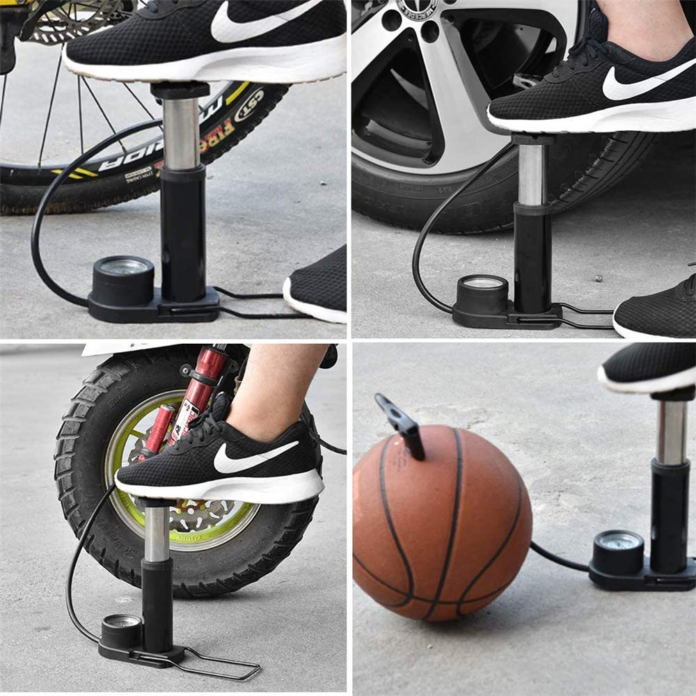 Mini-Fahrradpumpe, tragbarer Fahrradreifen-Inflator, Fuß-Inflator mit Manometer und Inflatorventil, kompatibel für Rennrad-Mountainbike-Bälle