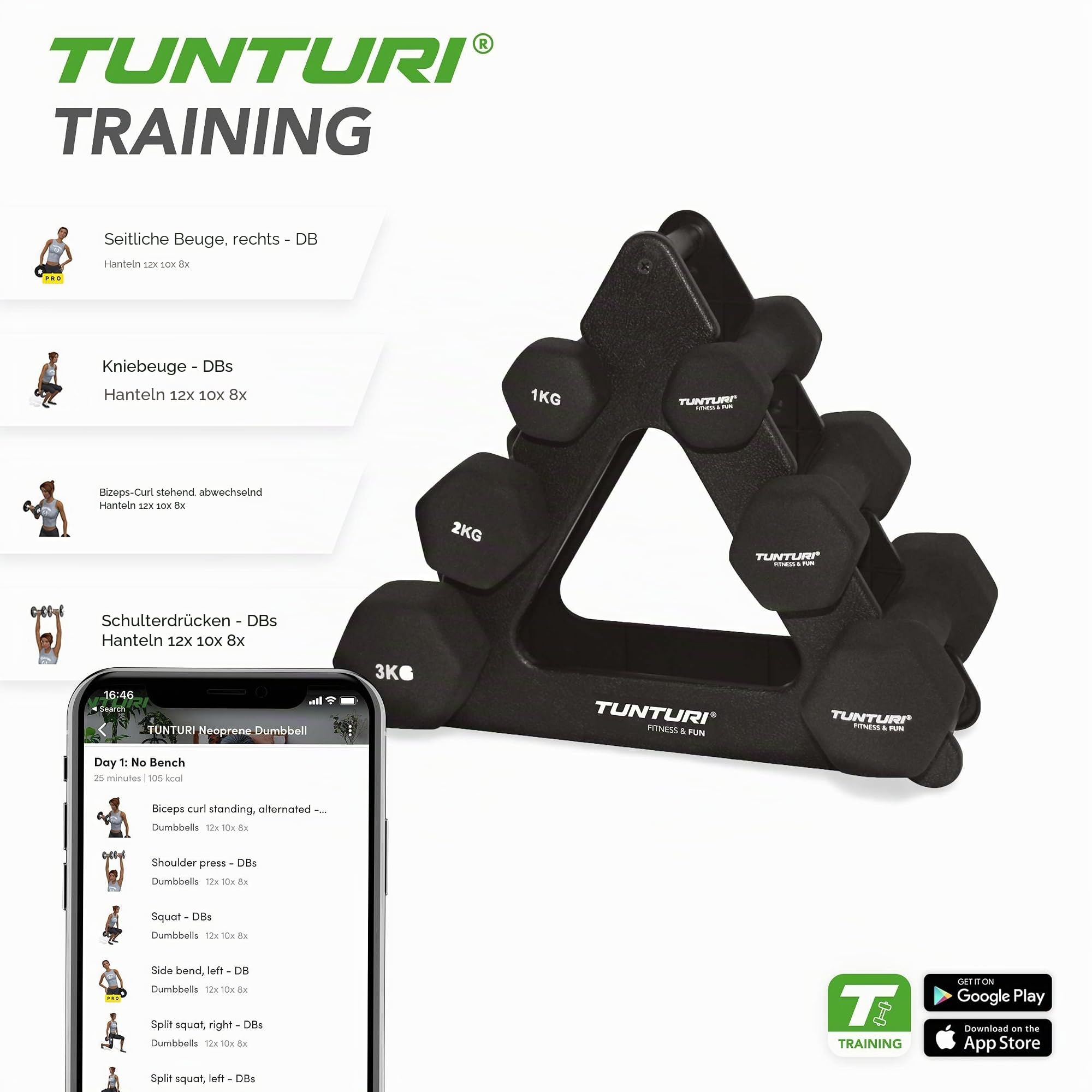 Tunturi 6er Set Kurzhanteln mit Rack, Hantelset mit je 2 x 1 kg, 2 kg, 3 kg, Kurzhantelset, Hanteln aus Gusseisen