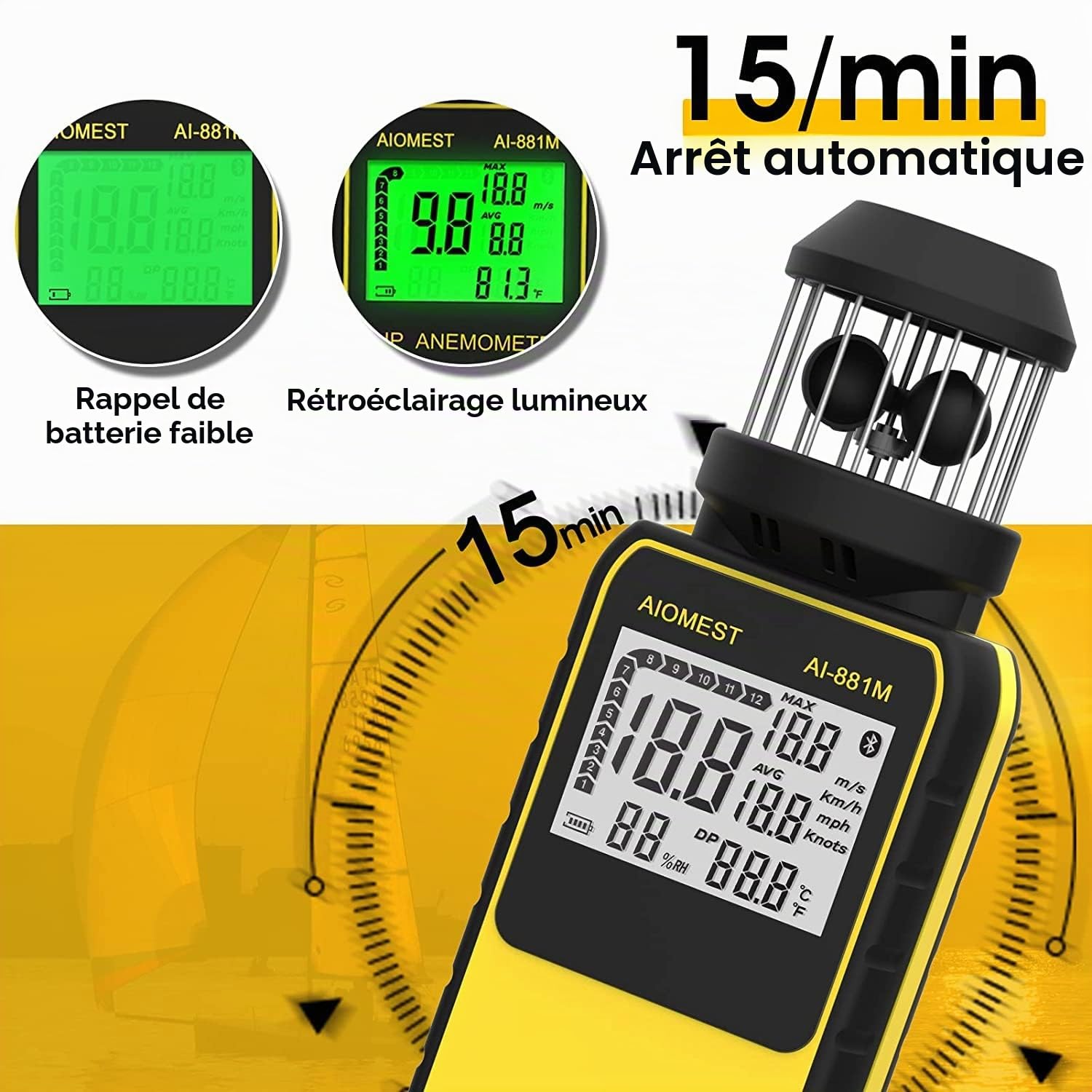 Anémomètre Portable Extérieur Anemometre, AIOMEST Compteur de Vent Vitesse Numérique Mesureur de Vitesse du Vent 150 km/h Air Velocity, Température Pour Drone, Chasse, Voile et VMC, AI-881M Wind Meter