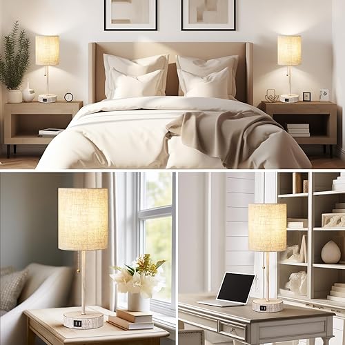 Miniatura 5 de Youthost Juego de 2 lámparas de mesa pequeñas con puertos de carga USB, lámparas de mesita de noche blancas con interruptor de cadena, lámparas de