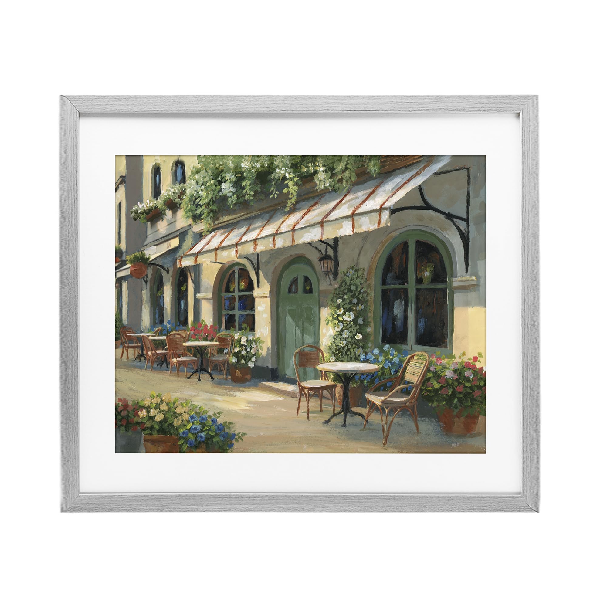 Stupell Industries Farmhouse Gray (Textured) 'Cozy Cafe Sunlit Patio'| Framed Print Under Glass