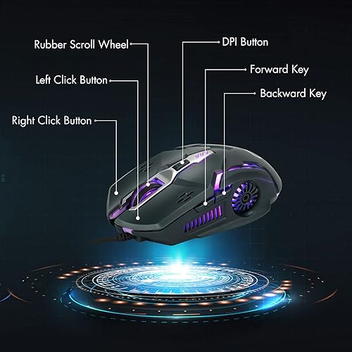 Miniatura 5 de CHONCHOW Gaming Mouse, Wired Mouse, Mouse for Laptops, 3200 DPI LED Backlight 6 Button, 7 Color Breathing Lights with 1.5M Cable for Gamers, Silent