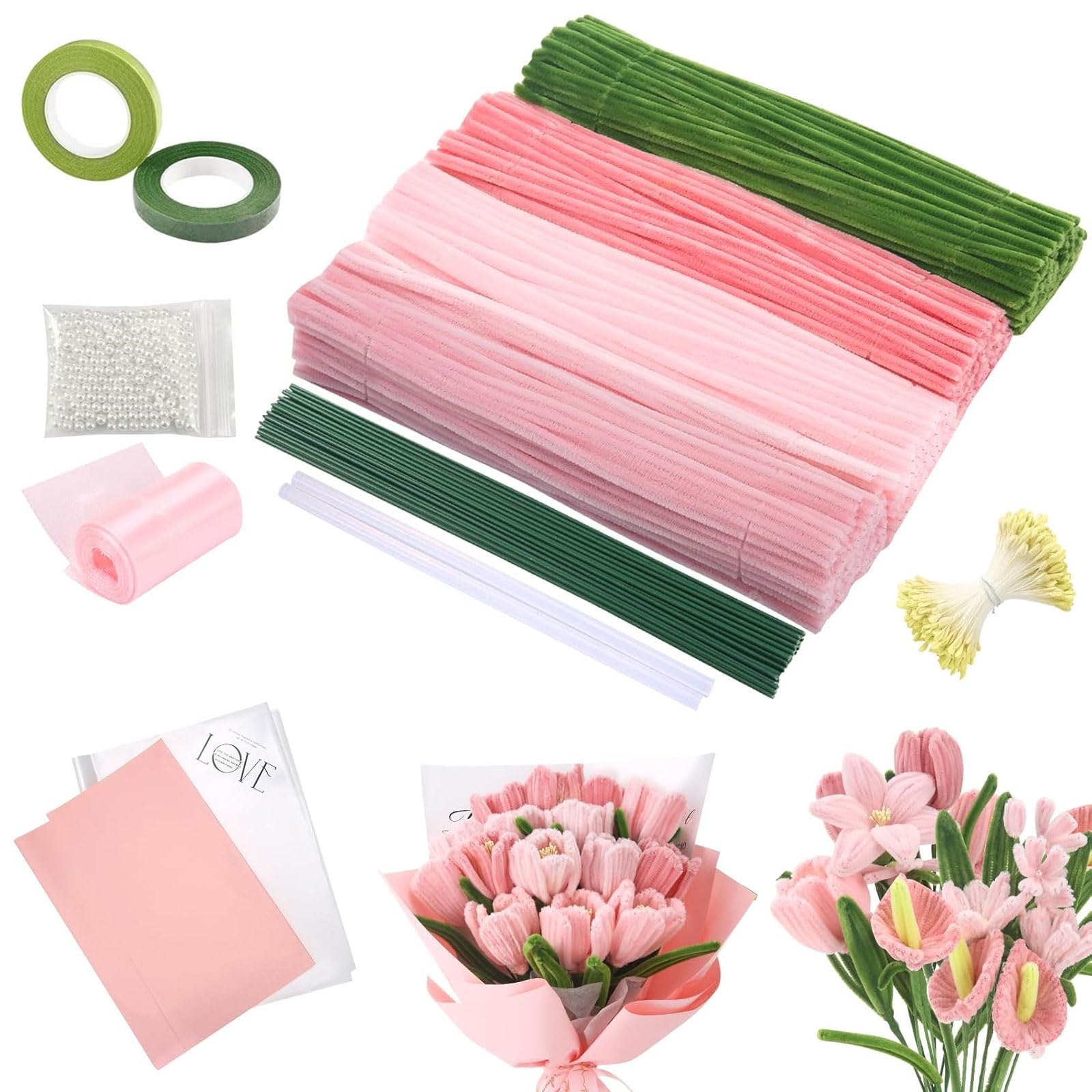 Pipe Cleaners Craft Set for Tulip Bouquets -400 Pcs Colourful in 4 Colours, Stems with Flower Stems, Stamens, Floral Tape & Ribbon for DIY Flowers, Handmade Gifts, Holiday and Home Decorations