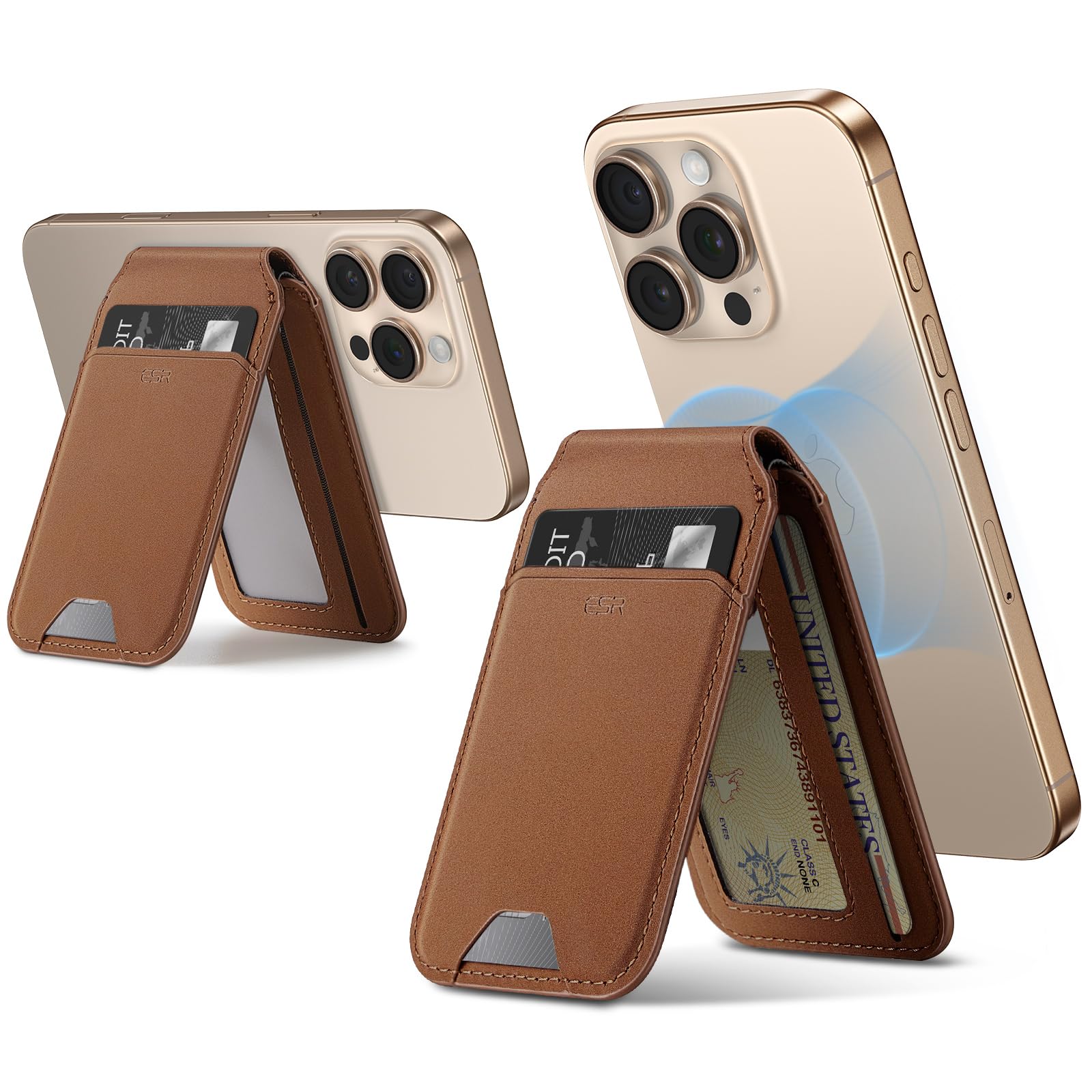 ESR Men Vegan Leather Magnetic Wallet, Compatible with Magsafe, for iPhone with Adjustable Stand, for iPhone 15/14/13/12, 3 Card Holder, Brown