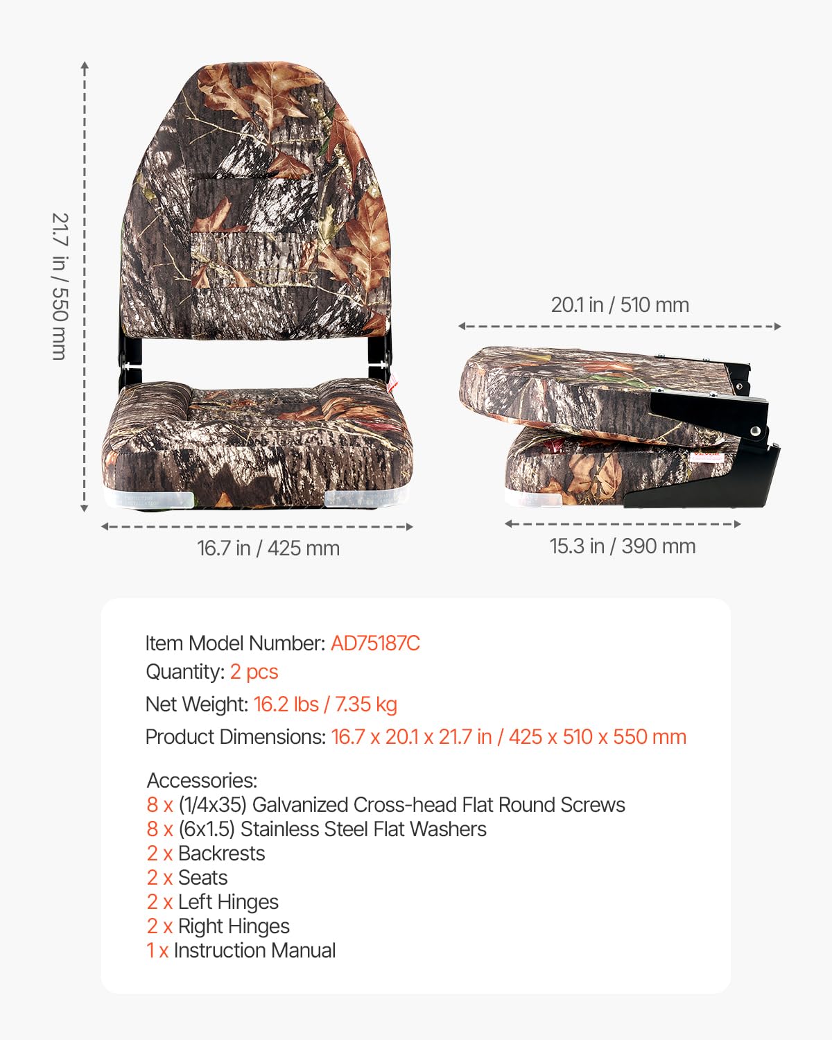 VEVOR Siège de Bateau à Dossier Haut 2PCs, Support de Siège de Bateau Pliable, avec Coussin en Éponge Épais et Tissu en Polyester PU, Charnières en Alliage d'Aluminium, pour Pêche, Camouflage