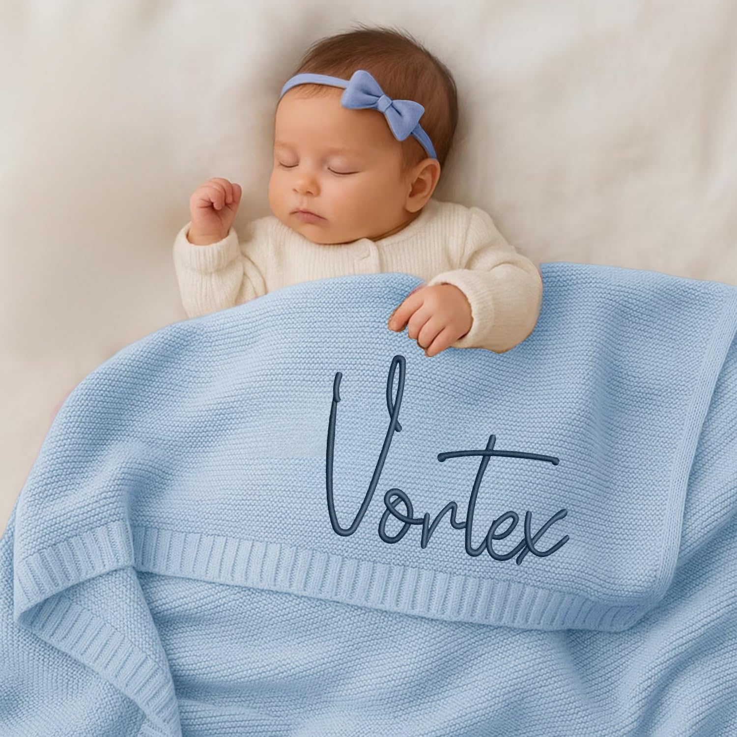 Coperte In Maglia Personalizzate Ricamate Con Nome, Coperta Per Neonati In Cotone Fatta A Mano Su Misura Per Maschio/femmina(Sky blue)