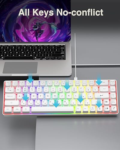 Miniatura 7 de Teclado 60%, teclado para juegos retroiluminado RGB con cable USB-C, portátil de 68 teclas, mini teclado compacto para viajes de negocios, oficina,