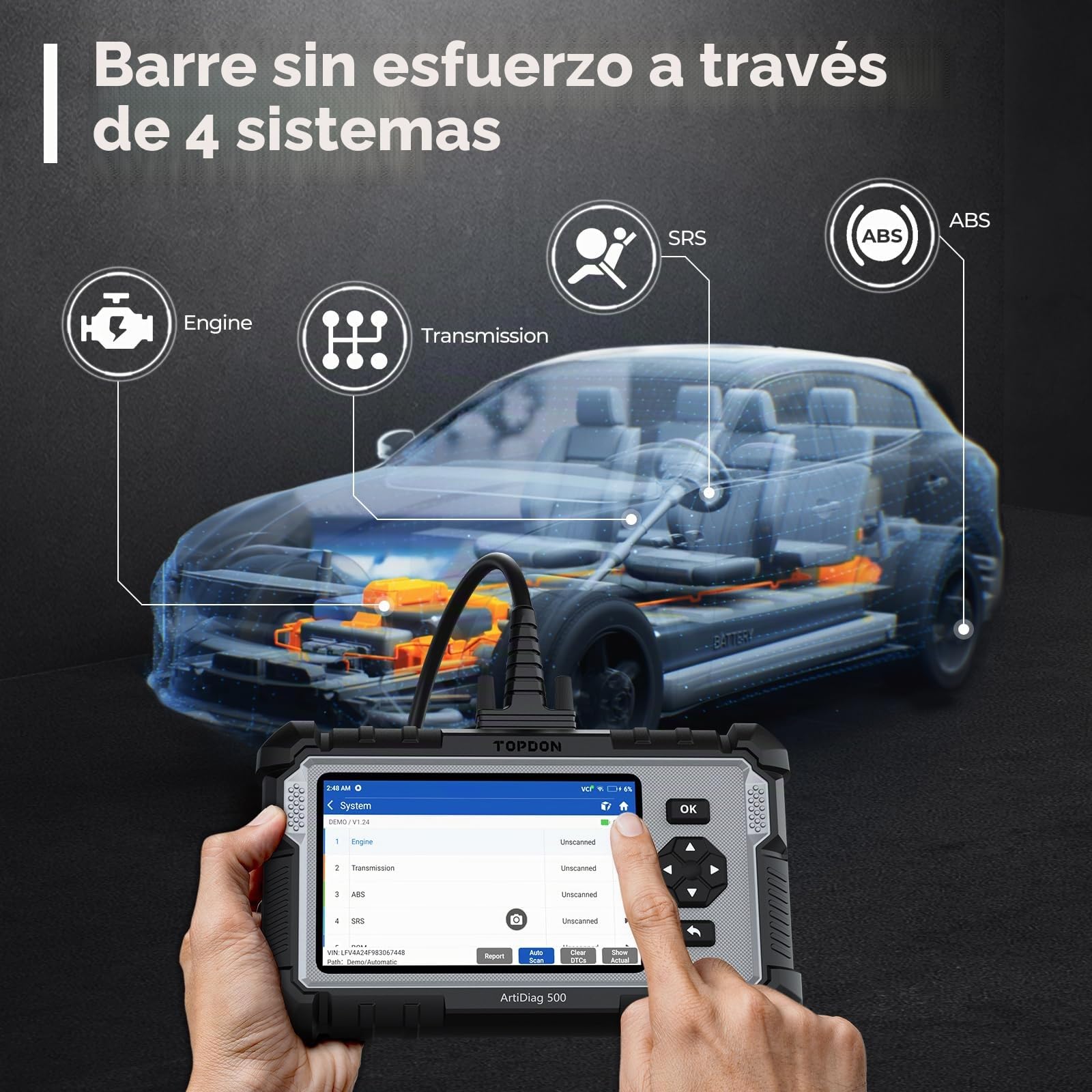 TOPDON AD500 OBD2 diagnosis coche multimarca con 4 Sistemas y 6 Funciones de Reinicio, Sistema de Motor ABS SRS Transmisión, reinicio para aceite/SAS/TPMS/ETS/BMS/freno, Actualización gratuita de WiFi