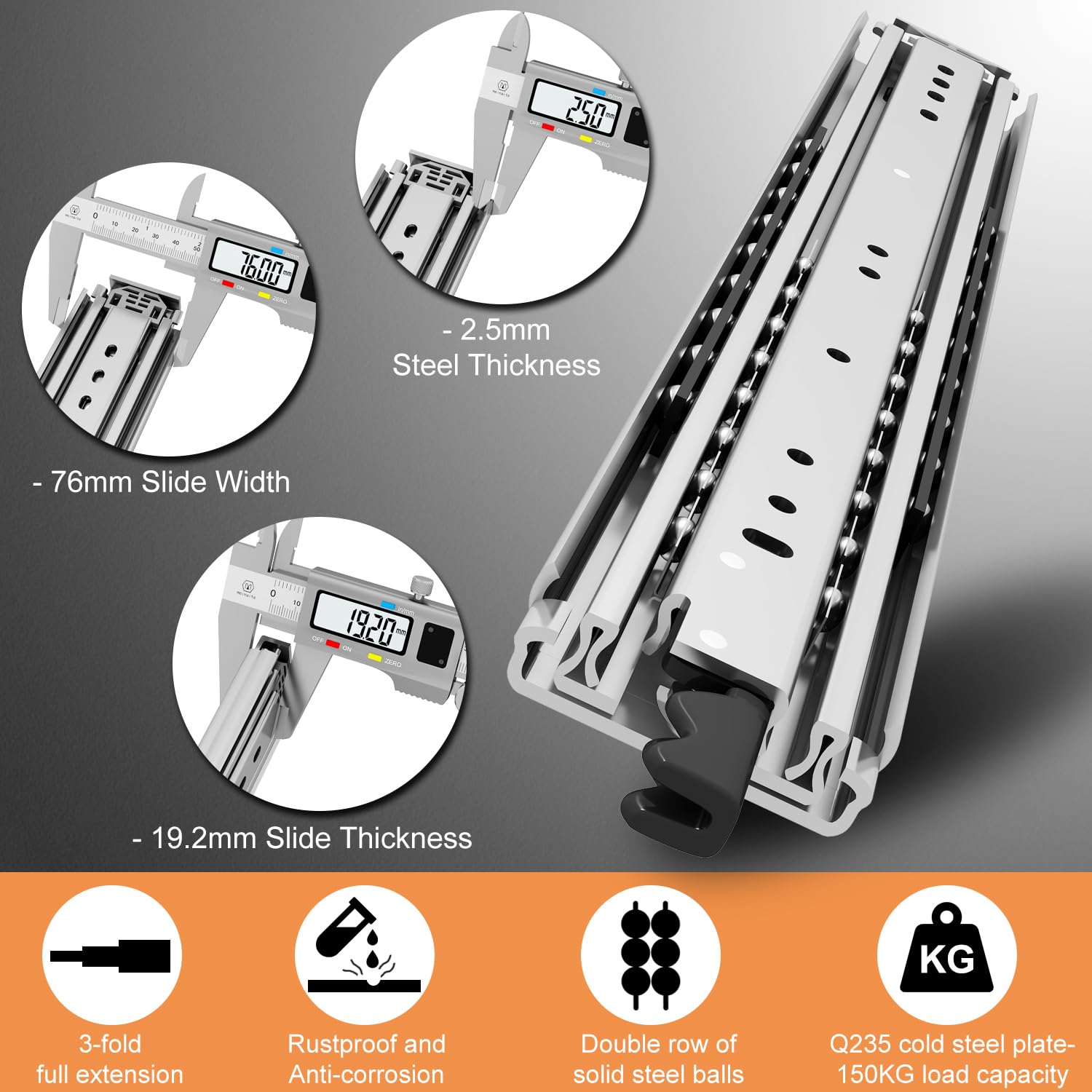 VADANIA 1500mm Guías para cajones industriales, desmontables, de alta resistencia con bloqueo #XD76, 3 pulgadas de ancho, carga de 92kg, extensión completa de tres secciones, montaje lateral, 1 par