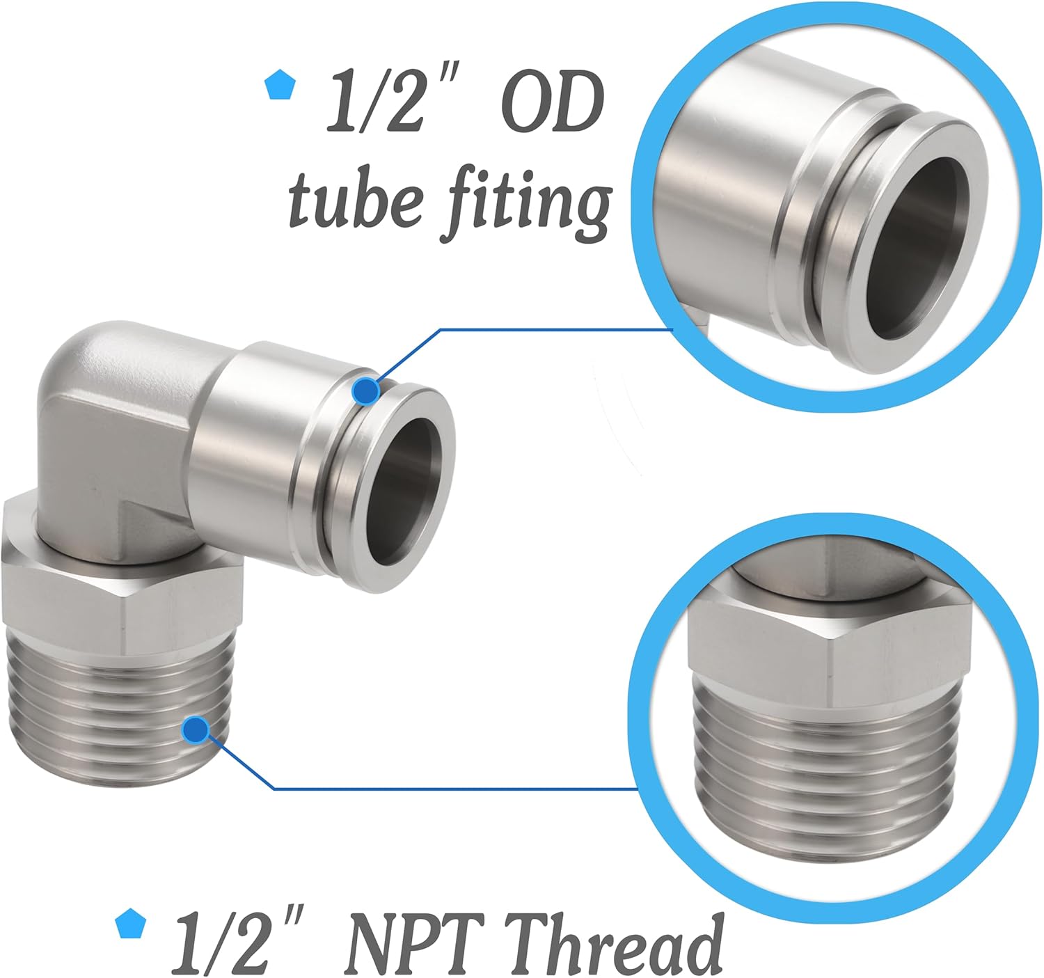 Stainless Steel 1/2 Air hose fittings, Push to Connect Air fittings Male Elbow 1/2 Inch Tube OD x 1/2 NPT Thread Fitting (Pack of 2)
