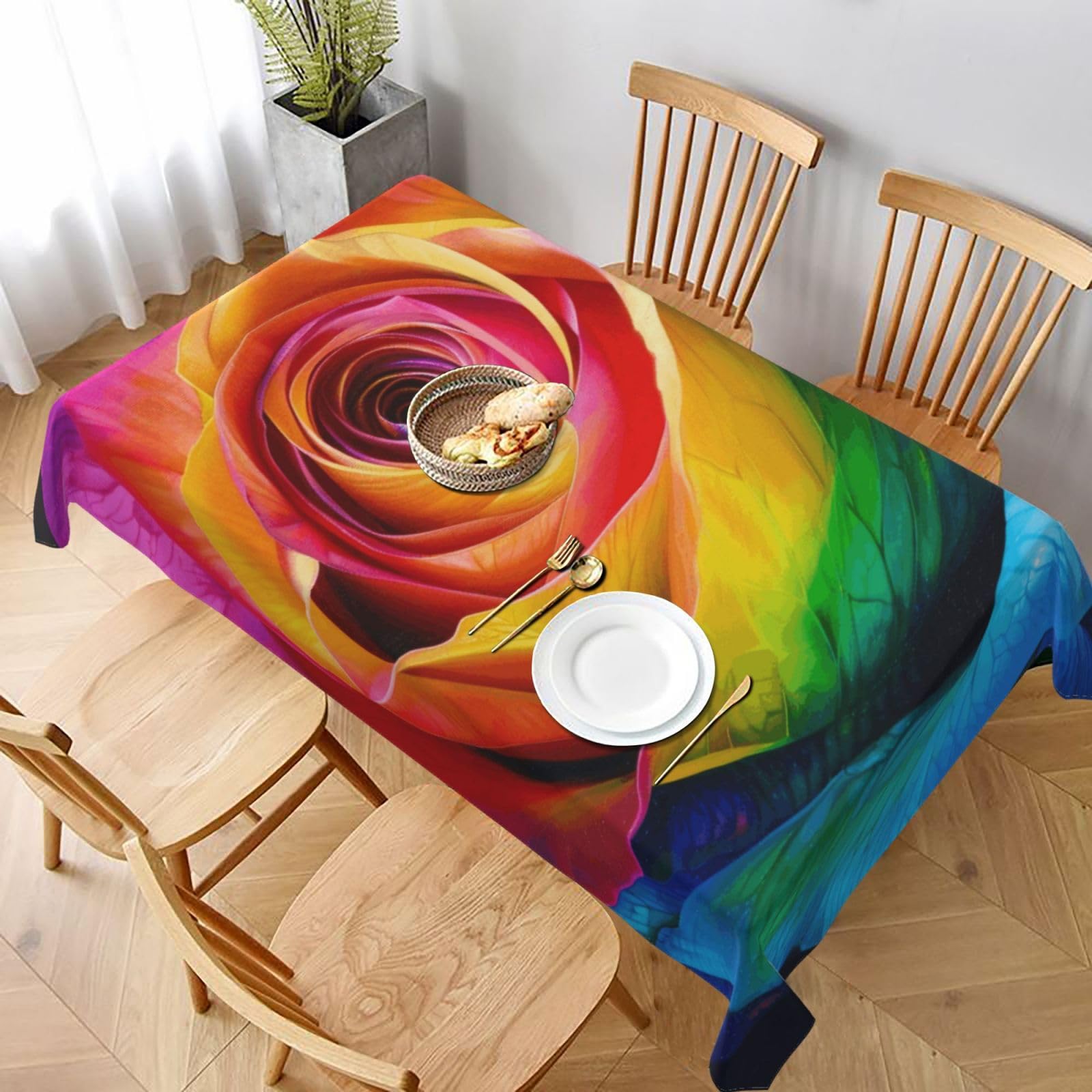 WPKJU Rainbow Rose Flower Printed Tablecloth 60x90 in Water Resistant Table Cover Washable Rectangle Table Cloth for Dining Tables