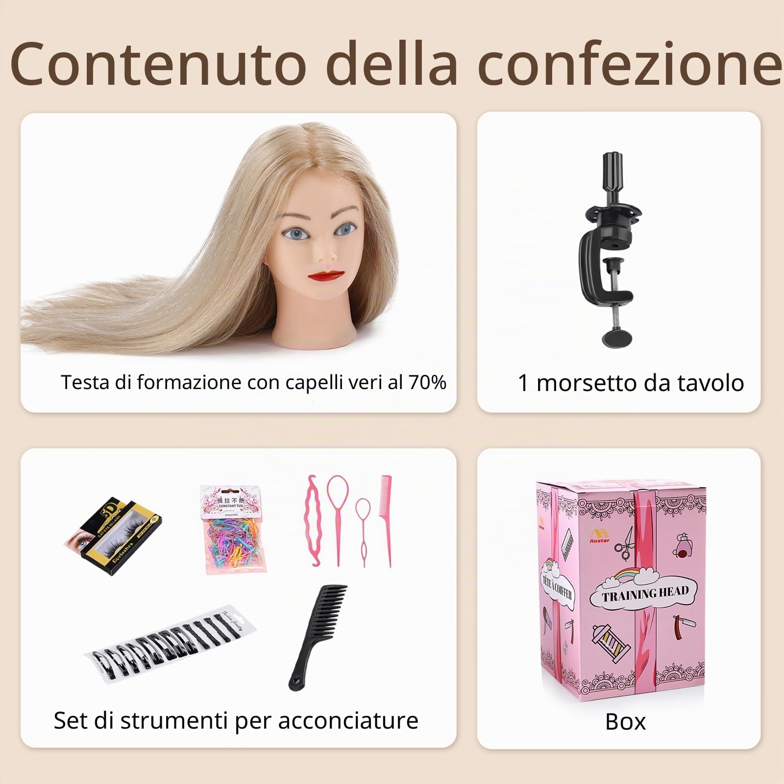 Testa per parrucchieri 70% Veri Capelli Manichino Cosmetologia Formazione Pratica Modello Capelli con Morsetto