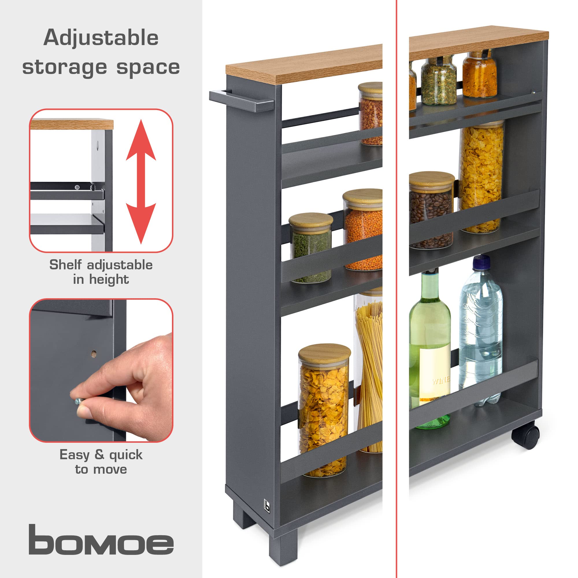 bomoe Carrello da Cucina Antracite Quercia Hylla - scaffale da Cucina 50x79x15 cm - Carrello con Ruote, 3 ripiani e piano lavoro in legno FSC® - Carrello da portata - mobile da Cucina e da Bagno