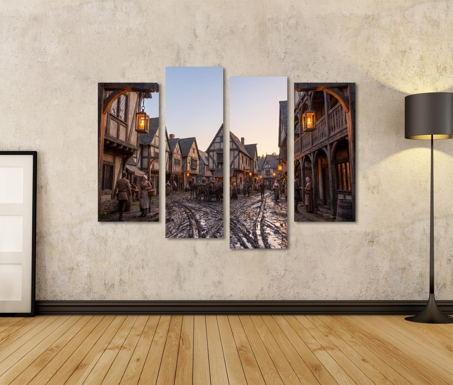 islandburner Quadro su tela, motivo: villaggio medievale storico, decorazione da parete per soggiorno, per gli amanti della storia, 4 pezzi