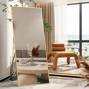 Full-Length Mirror, Super-Large Floor Mirror, with Bracket, Full-Length Mirror, Aluminum Alloy Whole-Body Mirrors, Tilt for The Living Room, Bedroom (Gold)