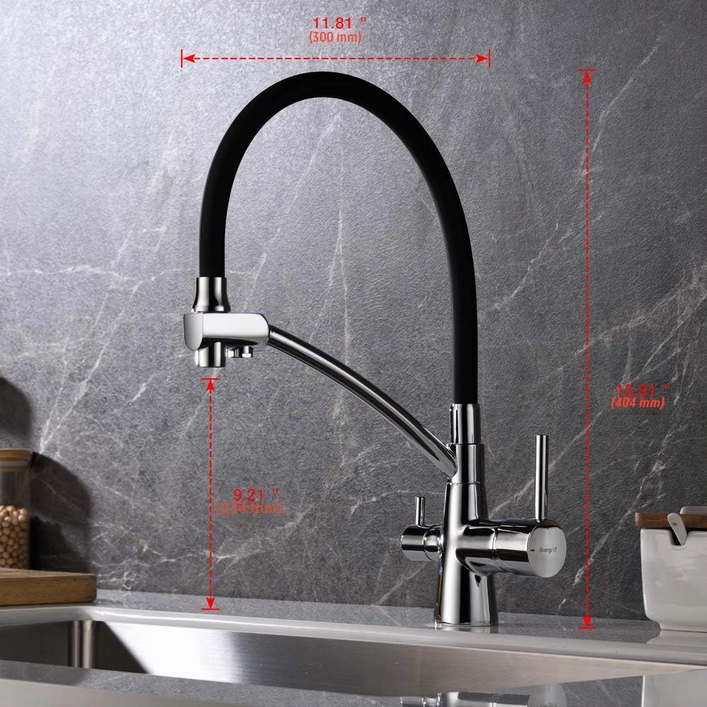 Ibergrif ‎M22128-2, Robinet de Cuisine à 3 voies, Mitigeur de Cuisine Flexible, Robinet d'Évier d'Eau Potable Réglable à 360° (Double Poignée), Corps en Laiton, Chrome, Argent/Noir