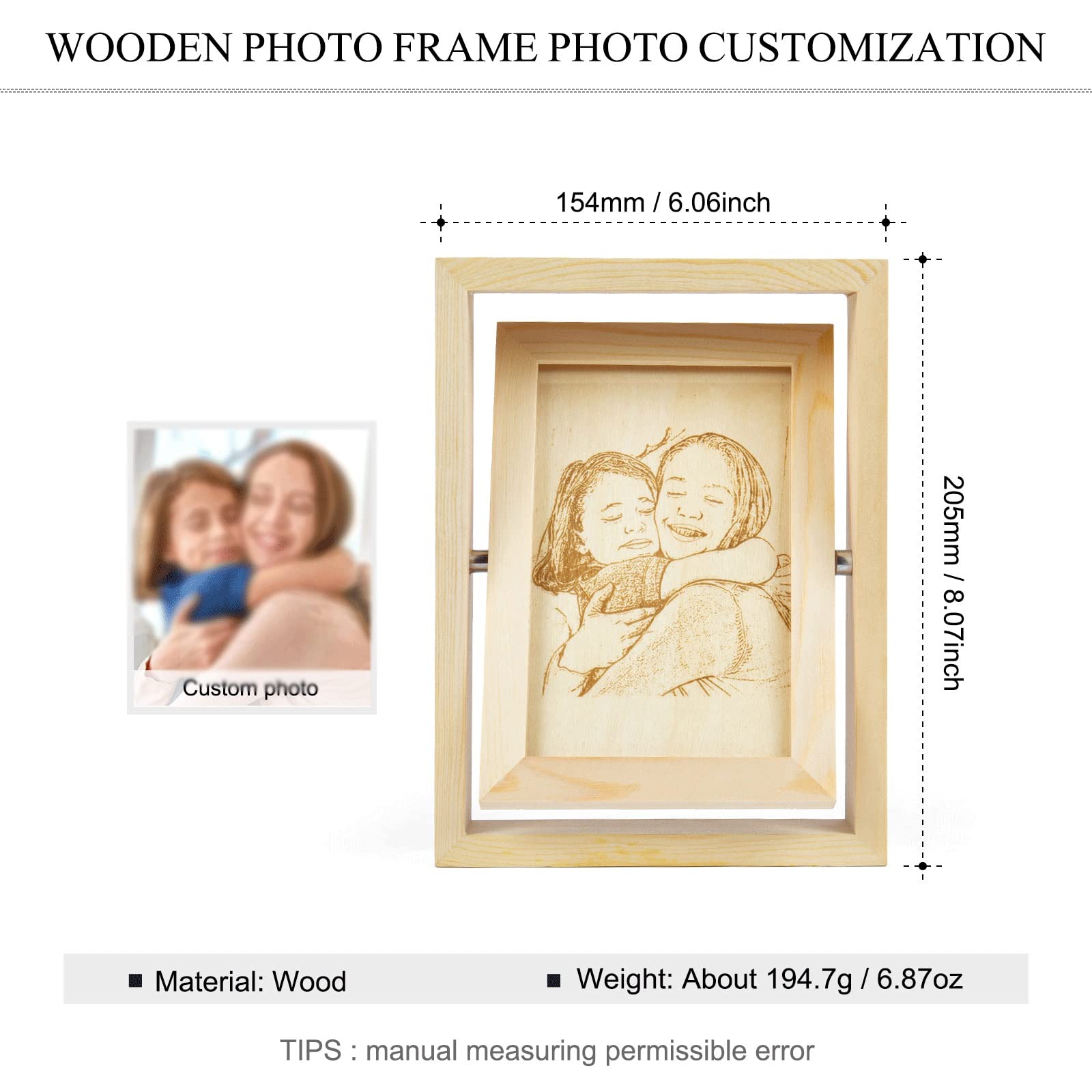 Marco de fotos de madera personalizado con efecto de boceto de 5 pulgadas, adorno de escritorio para decoración de cumpleaños de aniversario familiar (B)