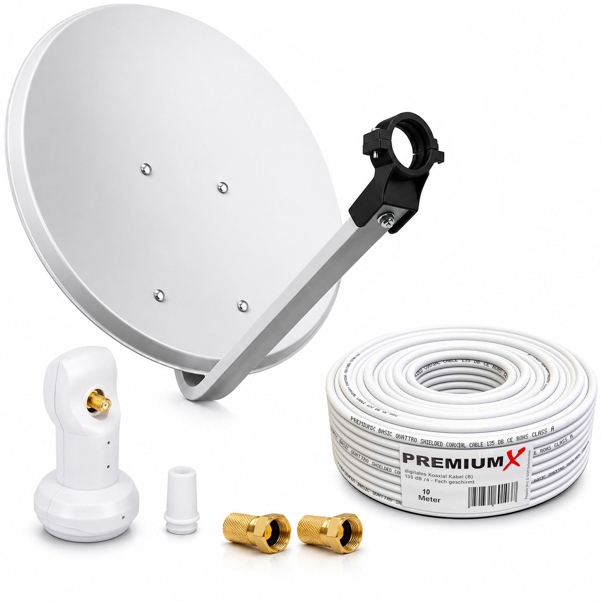 Premium X Camping Sat Anlage 45cm Satelliten-Schüssel Hellgrau Single LNB Weiß 0,1db 10m Koaxial-Kabel 2X F-Stecker