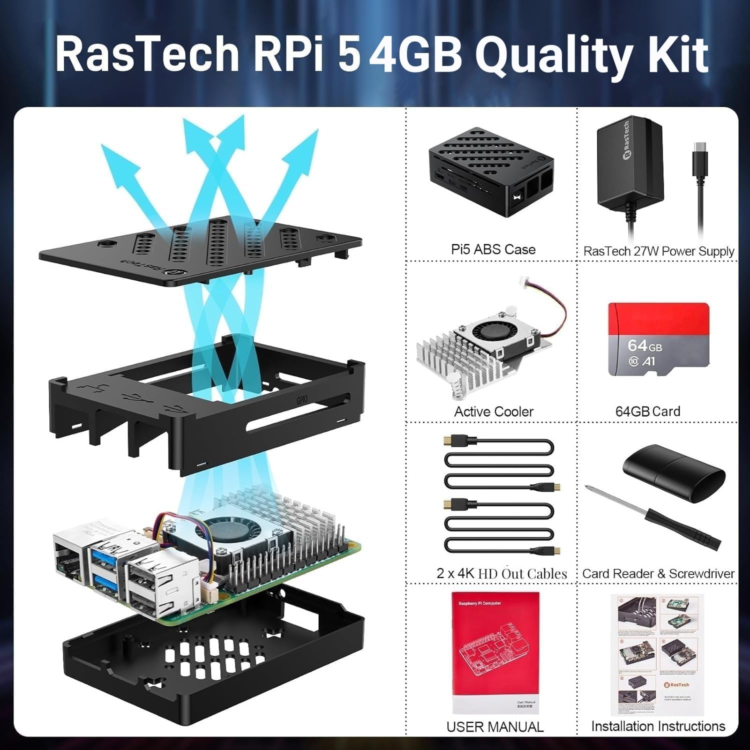 RasTech Raspberry Pi 5 4GB Kit 64GB Edition con dispositivo di raffreddamento attivo, alimentatore USB-C 27W GaN 5.1V5A, scheda Pi5 4GB, kit lettori di schede da 64 GB, custodia Pi 5, cavi Dual 4K
