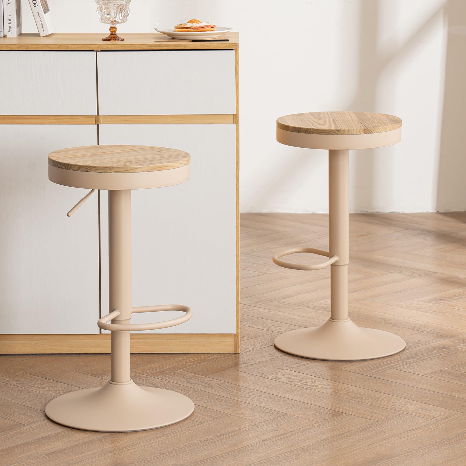 Kidol & Shellder Juego de 2 taburetes de Bar, Altura Regulable de 56 a 80 cm, giratorios, sin Respaldo, Asiento de Madera, con reposapiés, Taburete de Cocina