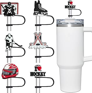 Hockey Straw Cover for Stanley Cup, 6 PCS Silicone Straw Topper for 30/40oz Tumbler with Handle, Black Straw Cover Cap for 10mm Straw Accessories for Hockey Sports Lovers
