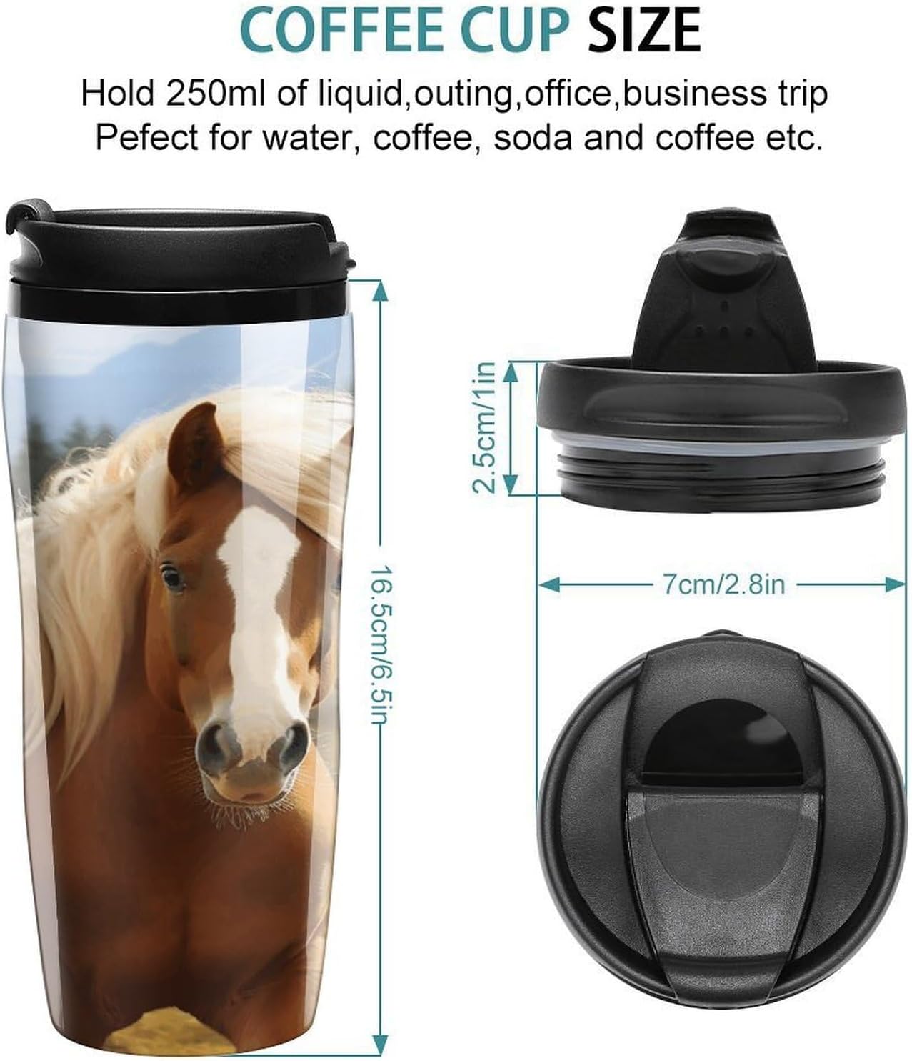 Cute Brown Horse Coffee Cup Reusable Portable Water Bottle with Double-Walled Plastic,Coffee Mug for Hot & Cold Drinks, Cup Holder Friendly 350ml