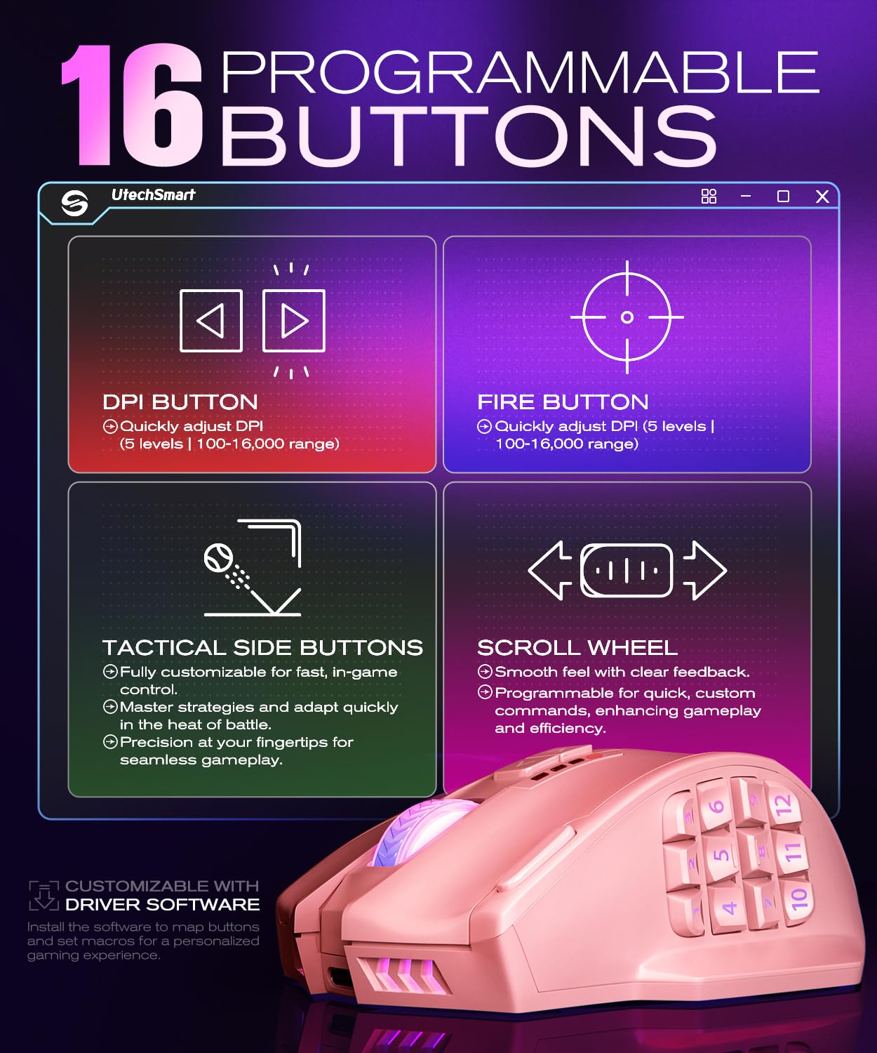 UtechSmart Venus Pro Souris de gaming sans fil avec capteur optique 16 000 DPI | Double modes sans fil, éclairage RVB chroma de 16 m, 16 boutons programmables, design ergonomique, jusqu'à 70 h, rose