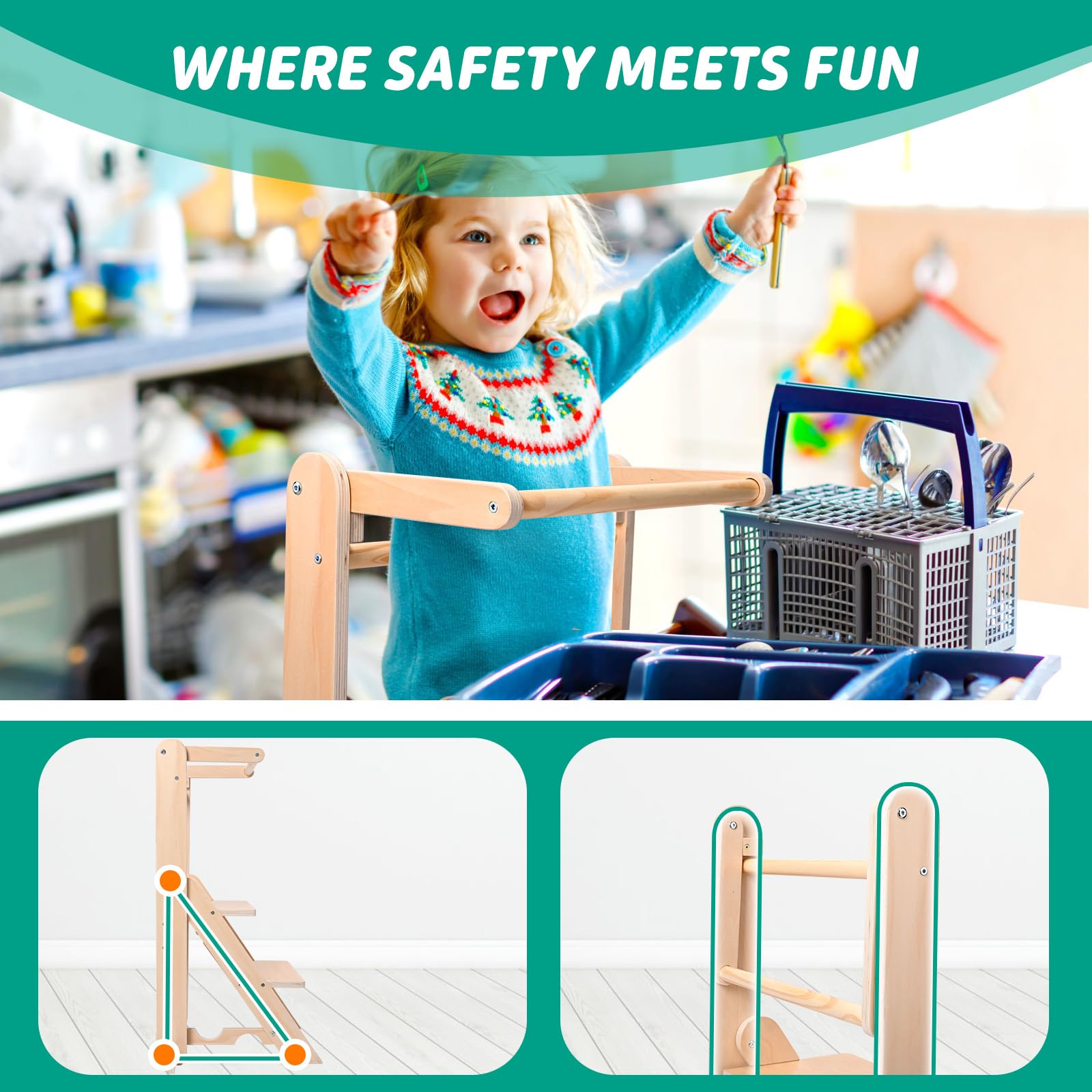 Lernturm ab 1 Jahr, Montessori Lernturm klappbar mit 2-facher Höhenverstellung, Holz Learning Tower Bis 50 kg Belastbar, Toddler Tower Sicherer Tritthocker mit Kippschutz