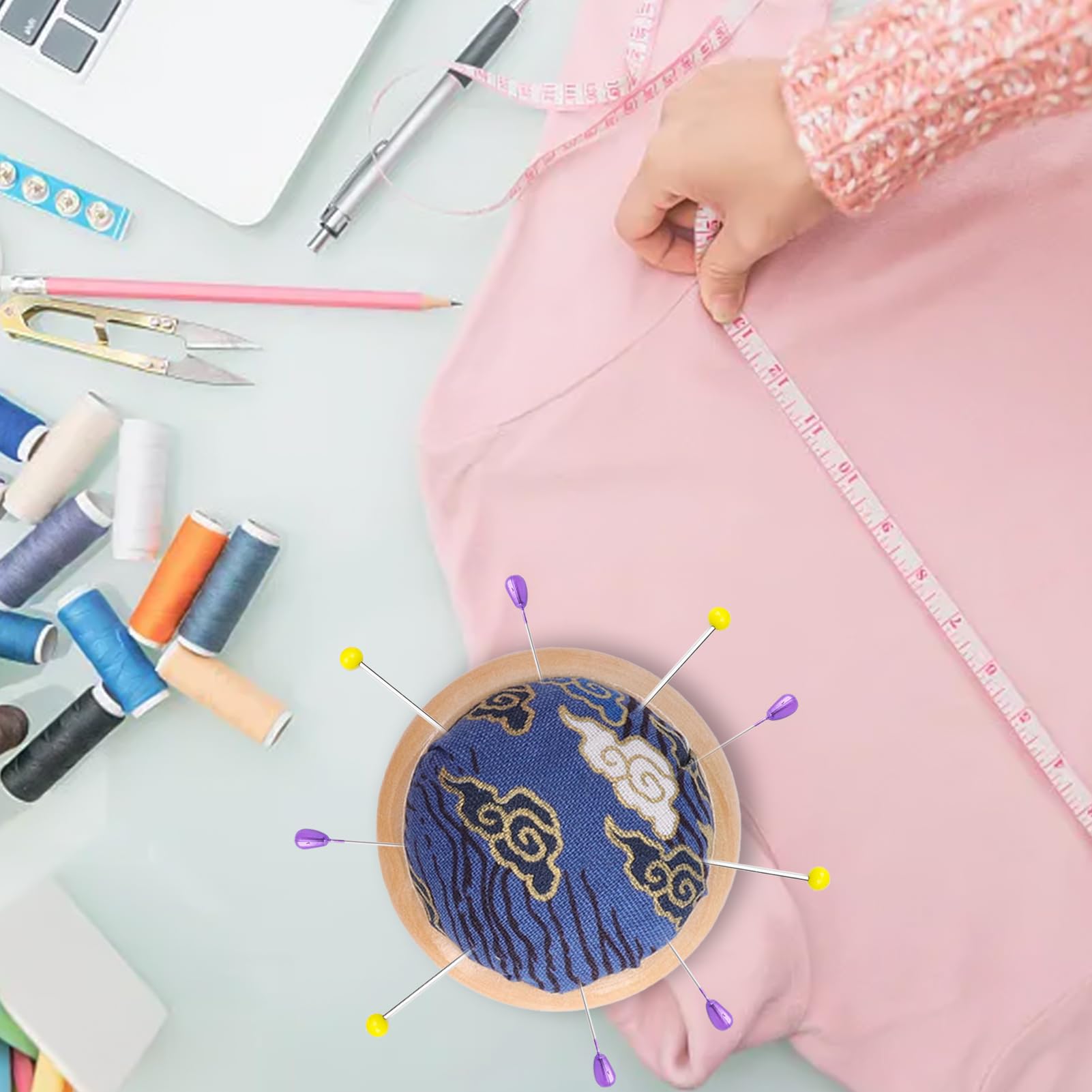 Pin Cushion 6pcs, Wooden Base Round Pin Cushion Pincushion Cute Pin Cushions Japanese Style Pincushions Pin Holder Needle Holders Pin Holders for DIY Craft Sewing Quilting Accessory