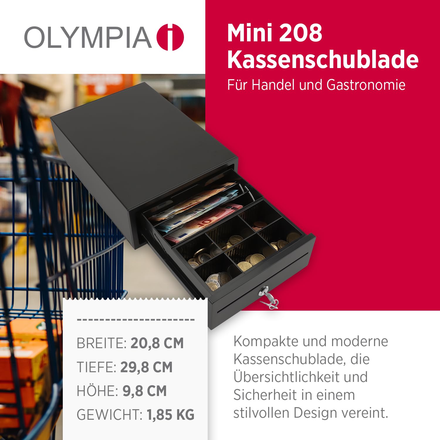 OLYMPIA Mini 208 Tiroir-caisse en métal massif | Base pour caisse enregistreuse | Tiroir caisse avec 6 compartiments pour pièces et 3 compartiments à billets | Connexion RJ12 & serrure