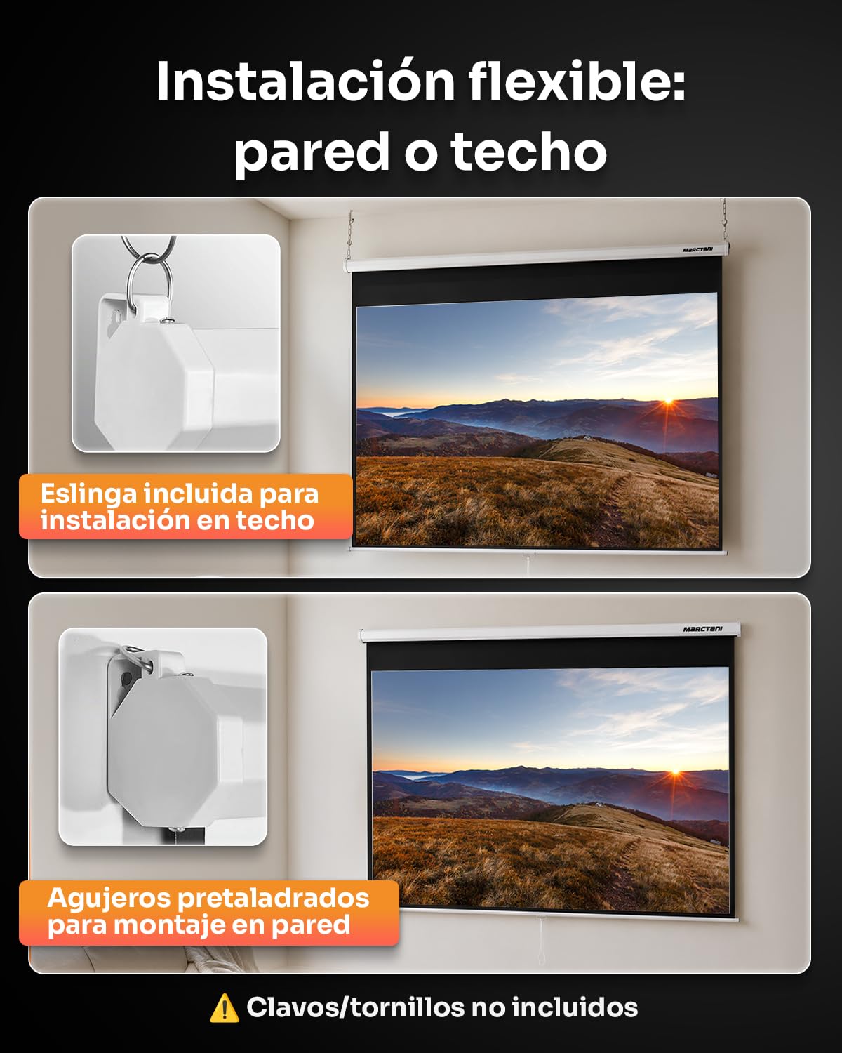 MARCTANI Pantalla Proyector Enrollable 84 Pulgadas 4:3 y 16:9 - Pantalla para Proyector de Pared y Techo, Tela 3 Capas Anti-Luz - Visible 165x124 cm, Cajetín 178 cm - Cine en Casa y Exterior