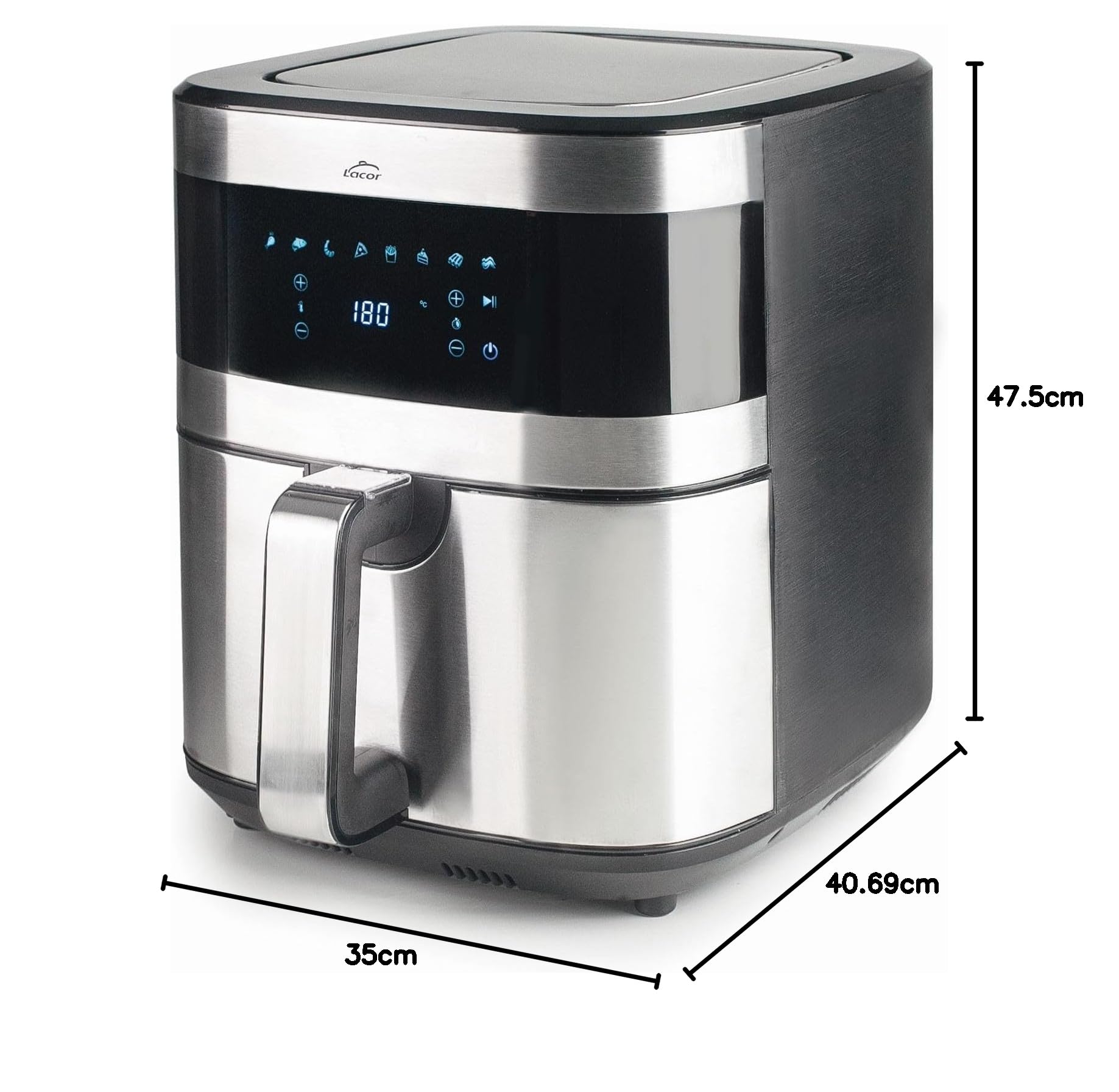 Lacor - 69511 - Friggitrice senza olio Ecofry, Friggitrice ad aria con tecnologia TotalCook, Friggitrice ad aria con ricettario esclusivo in 3 lingue, Touch screen, 8 Programmi, 1500 W, Capacità 5.5L