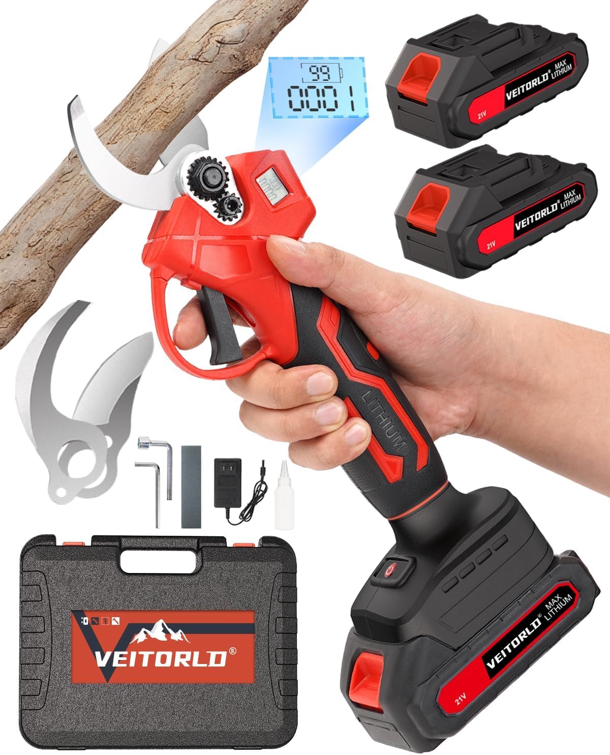 Veitorld Forbici da Potatura a Batteria, 30 mm, con 2 Batterie da 2000 mAh, Motore Senza Spazzole, Forbici da Giardino Senza Fili, con Contatore a LED, Protezione Rinforzata, Regalo per Uomini, Donne
