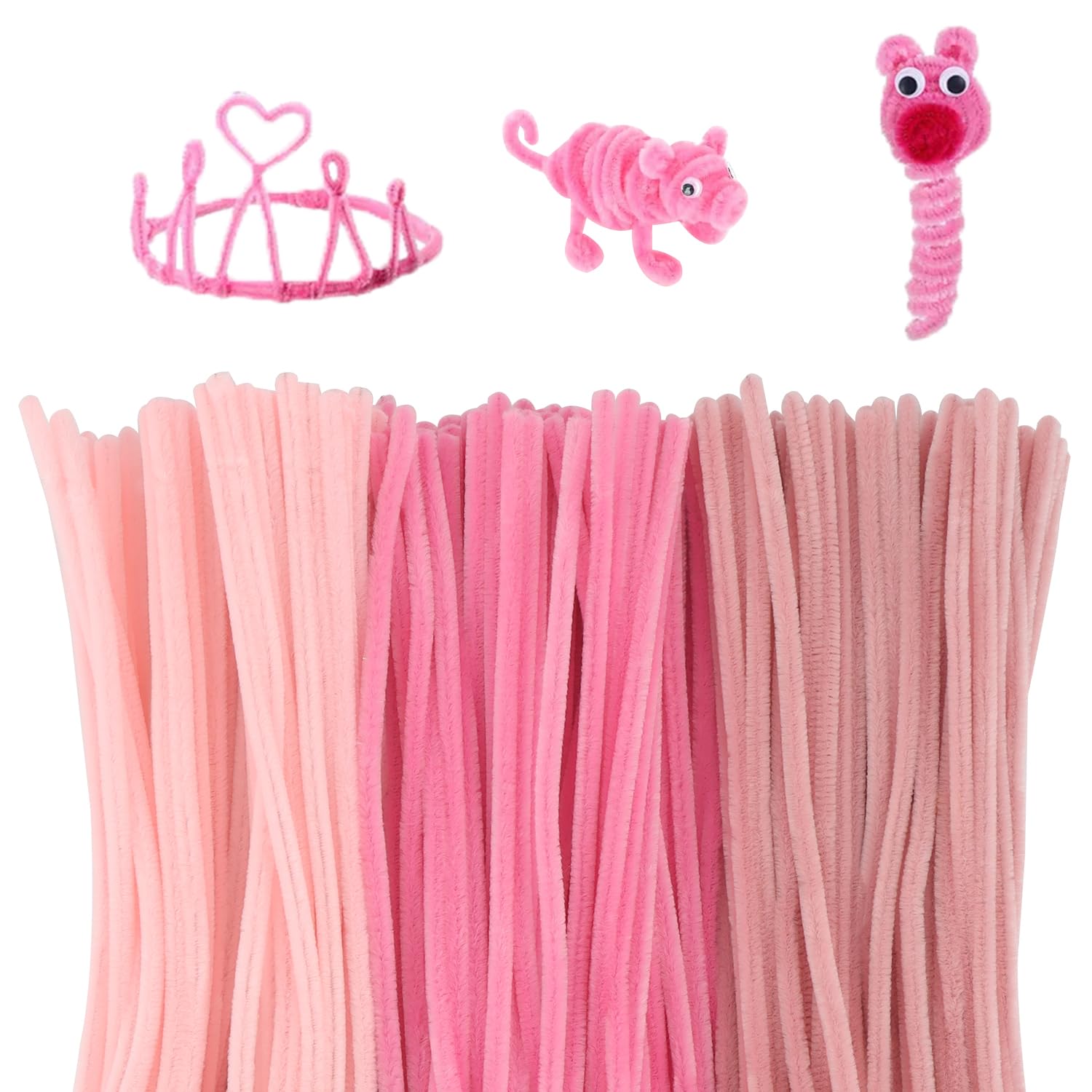 300Pcs Pipe Cleaners for Craft 30cm, 3 Different Pink Pipe Cleaners, DIY Pipecleaners Chenille Cord for Crafting Gift, Flexible Plush Chenille Stem for Craft Project (Pink)