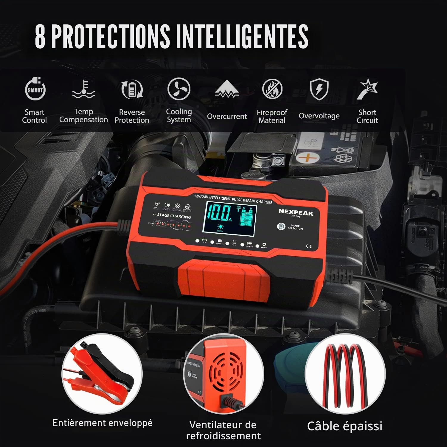 10A Chargeur de Batterie Voiture, NEXPEAK 10A 12V/5A 24V Chargeur de Batterie Intelligent Recharge Batterie Voiture, Mainteneur de Chargeur Batterie, avec Écran LCD pour Moto Camion/AGM/Gel/Wet/SLA | Chargeur 12V 10A/24V 5A, Charge 7 étapes, Réparation im
